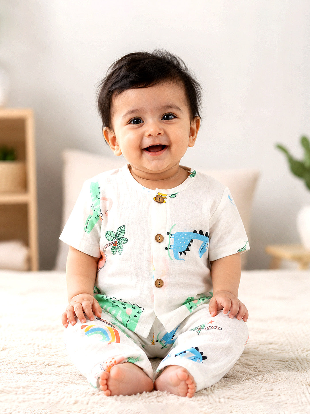 Dino World Baby Co-ord Set | 100% Muslin Cotton | Half Sleeve Top & Full Pants | 0–18 Months