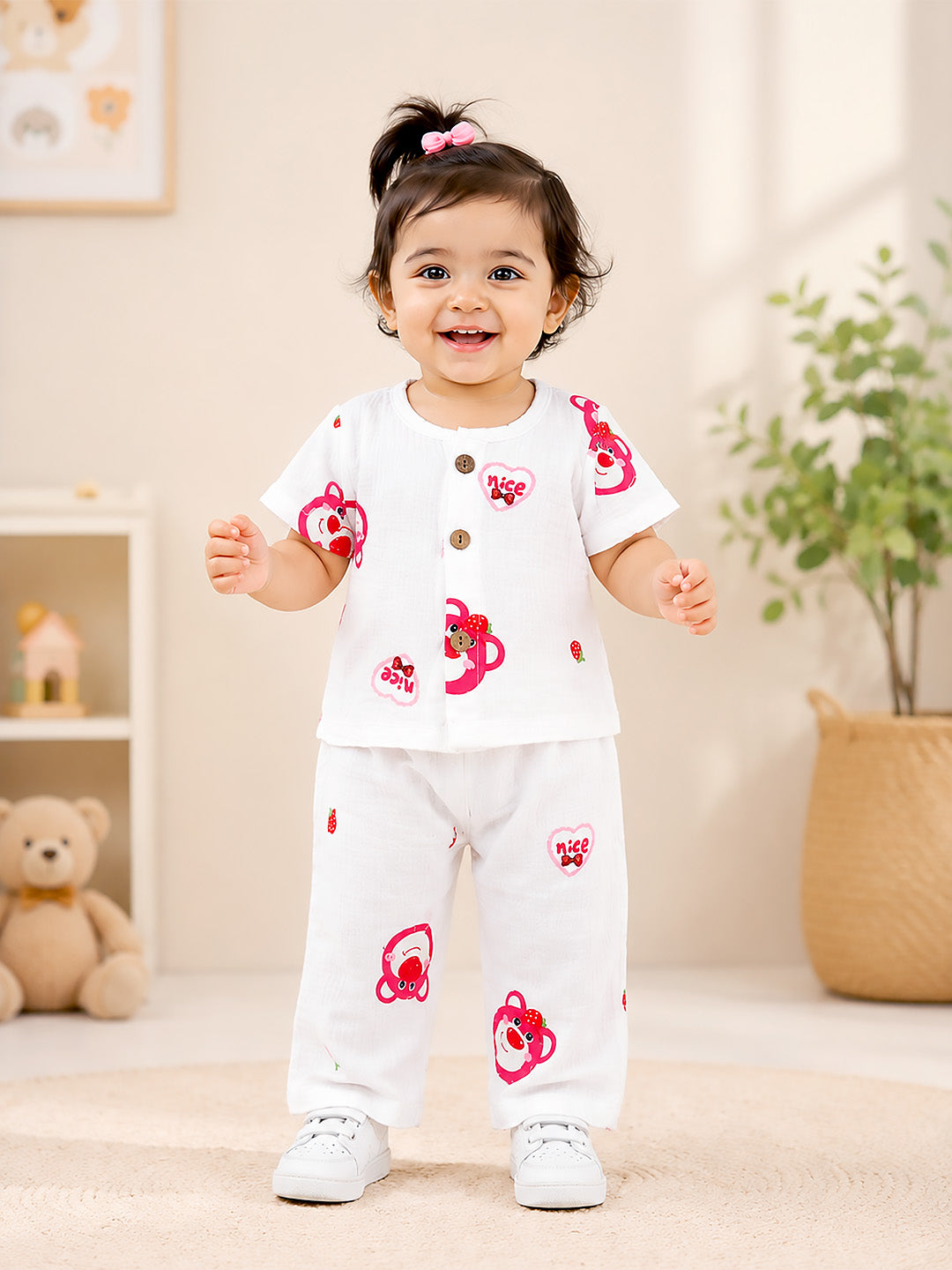 Strawberry Bear Baby Co-ord Set | 100% Muslin Cotton | Half Sleeve Top & Full Pants | 0–18 Months