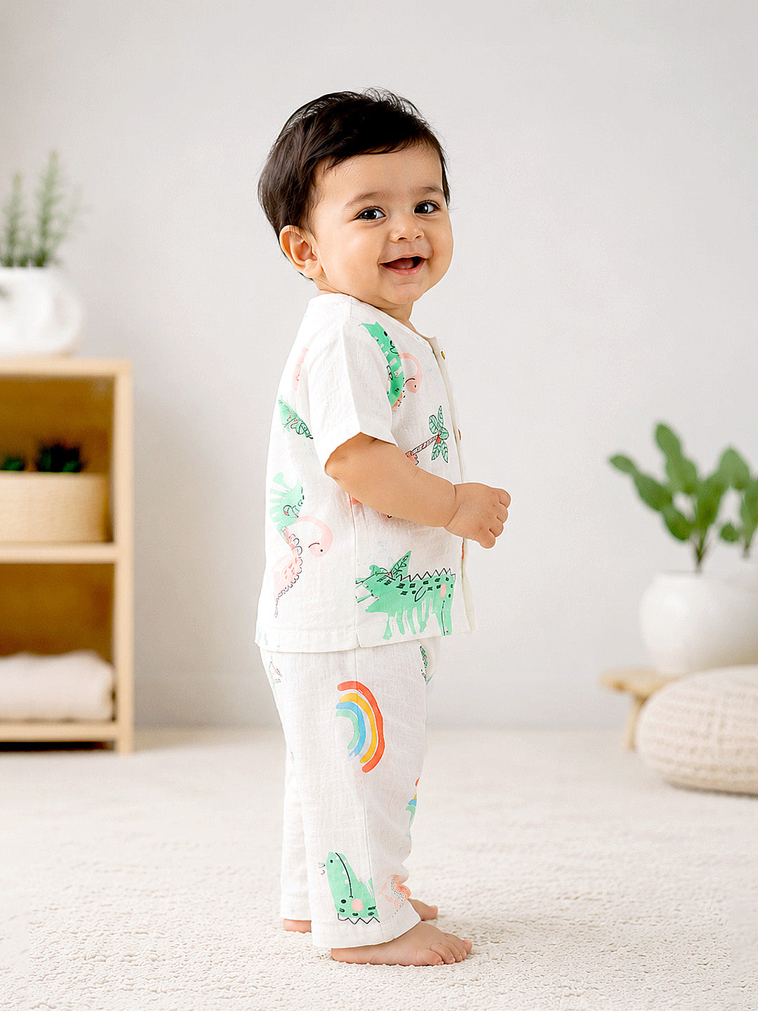 Dino World Baby Co-ord Set | 100% Muslin Cotton | Half Sleeve Top & Full Pants | 0–18 Months