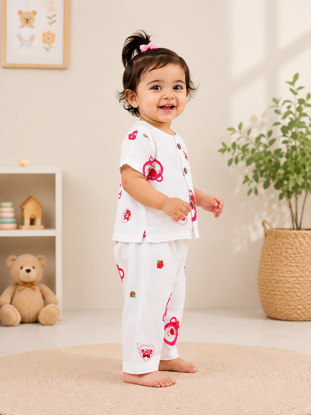 Strawberry Bear Baby Co-ord Set | 100% Muslin Cotton | Half Sleeve Top & Full Pants | 0–18 Months