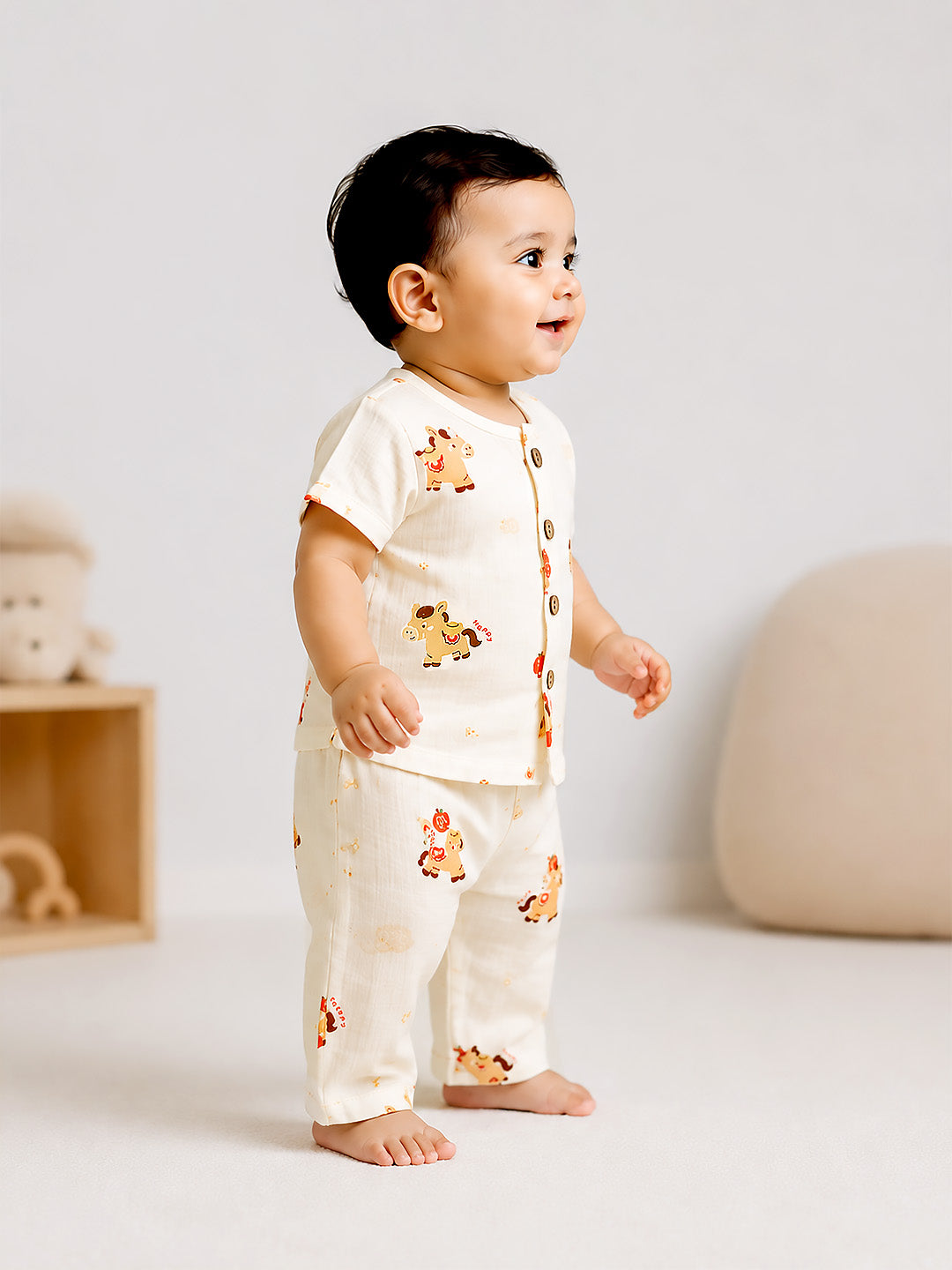 Happy Horse Baby Co-ord Set | 100% Muslin Cotton | Half Sleeve Top & Full Pants | 0–18 Months