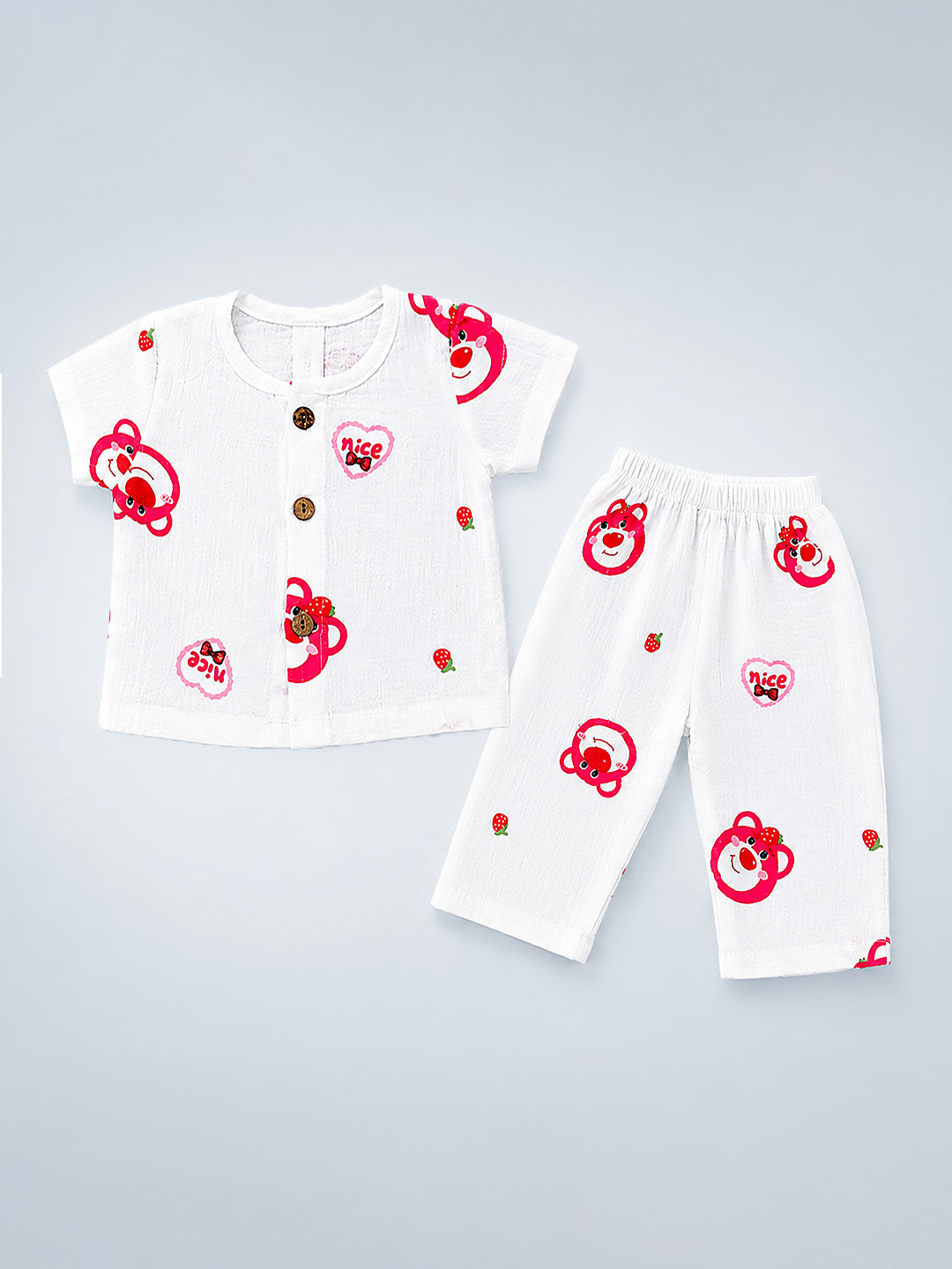 Strawberry Bear Baby Co-ord Set | 100% Muslin Cotton | Half Sleeve Top & Full Pants | 0–18 Months