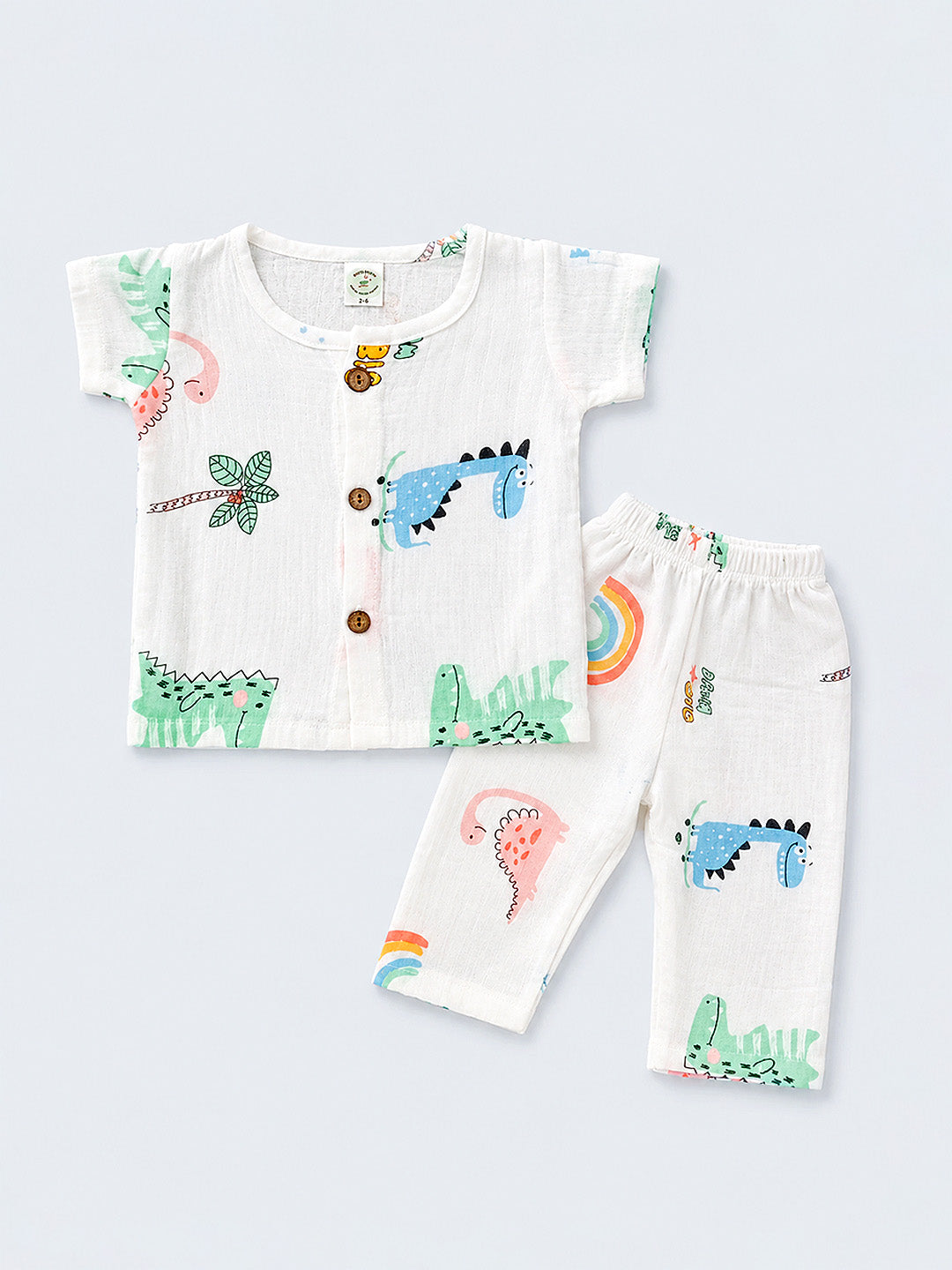 Dino World Baby Co-ord Set | 100% Muslin Cotton | Half Sleeve Top & Full Pants | 0–18 Months