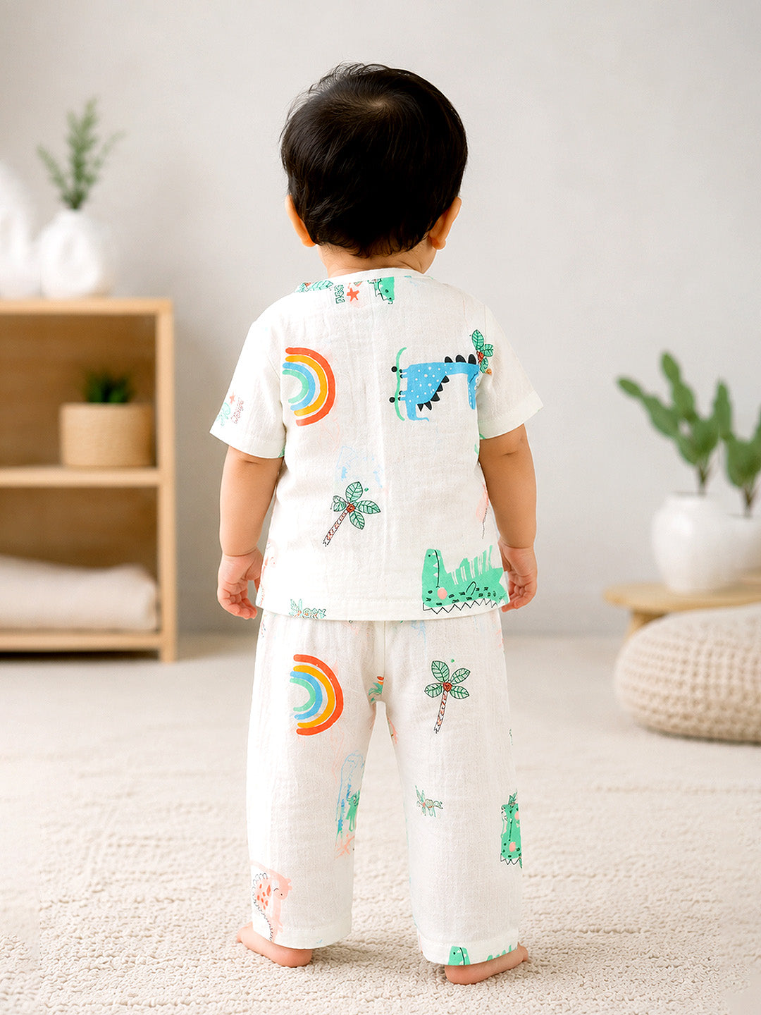 Dino World Baby Co-ord Set | 100% Muslin Cotton | Half Sleeve Top & Full Pants | 0–18 Months