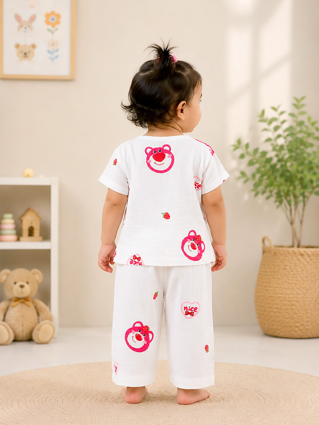Strawberry Bear Baby Co-ord Set | 100% Muslin Cotton | Half Sleeve Top & Full Pants | 0–18 Months