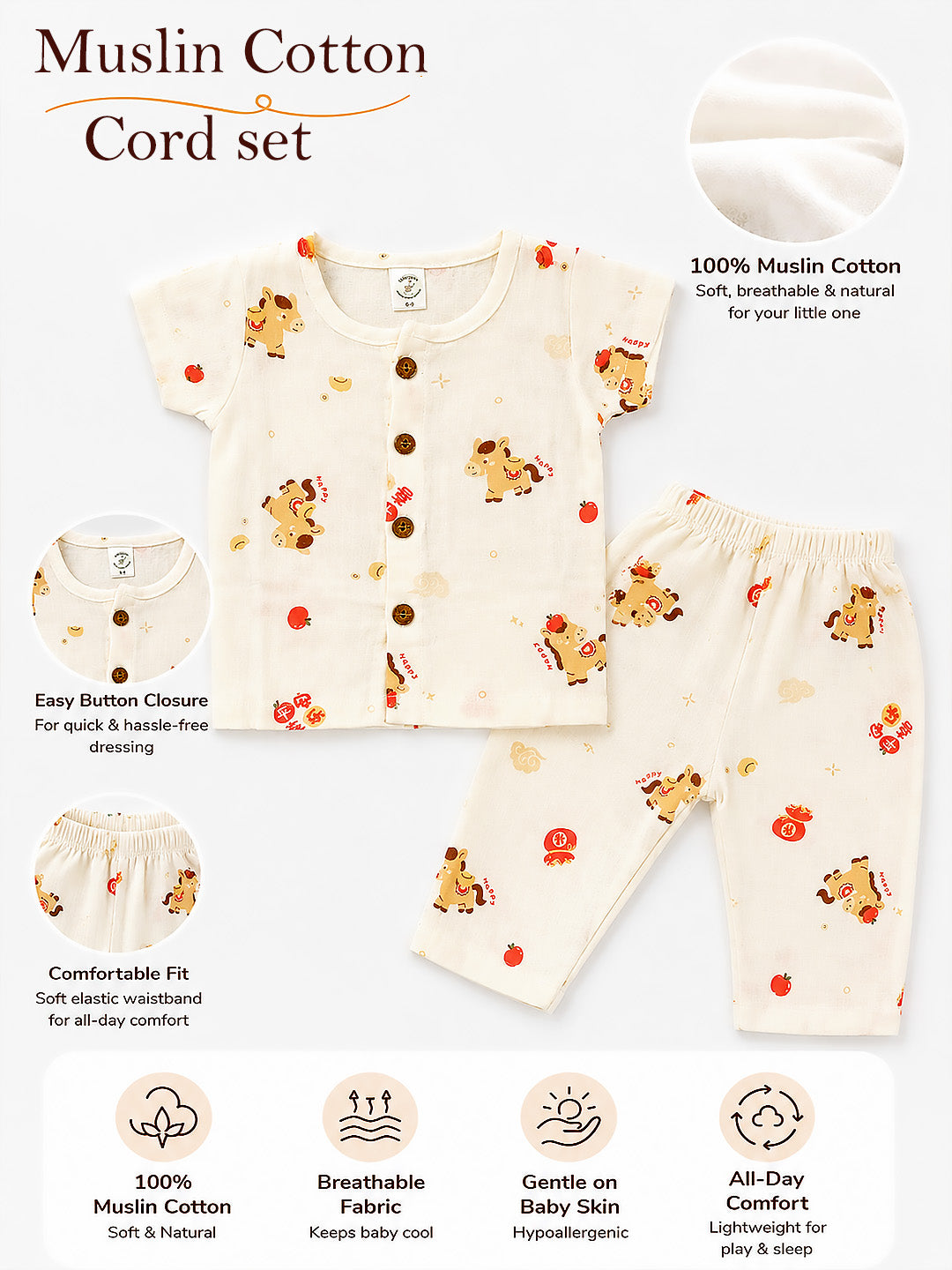 Happy Horse Baby Co-ord Set | 100% Muslin Cotton | Half Sleeve Top & Full Pants | 0–18 Months