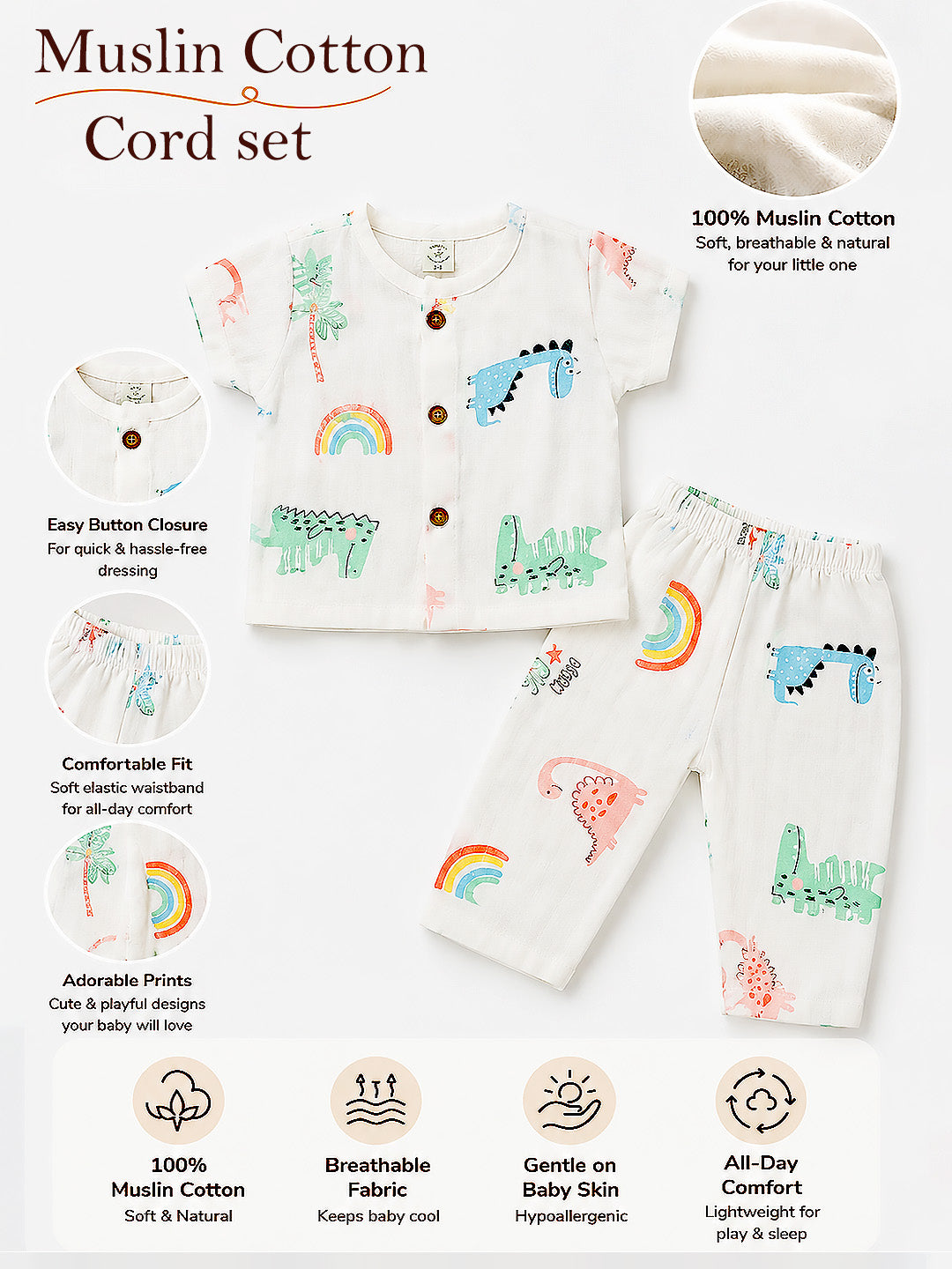 Dino World Baby Co-ord Set | 100% Muslin Cotton | Half Sleeve Top & Full Pants | 0–18 Months