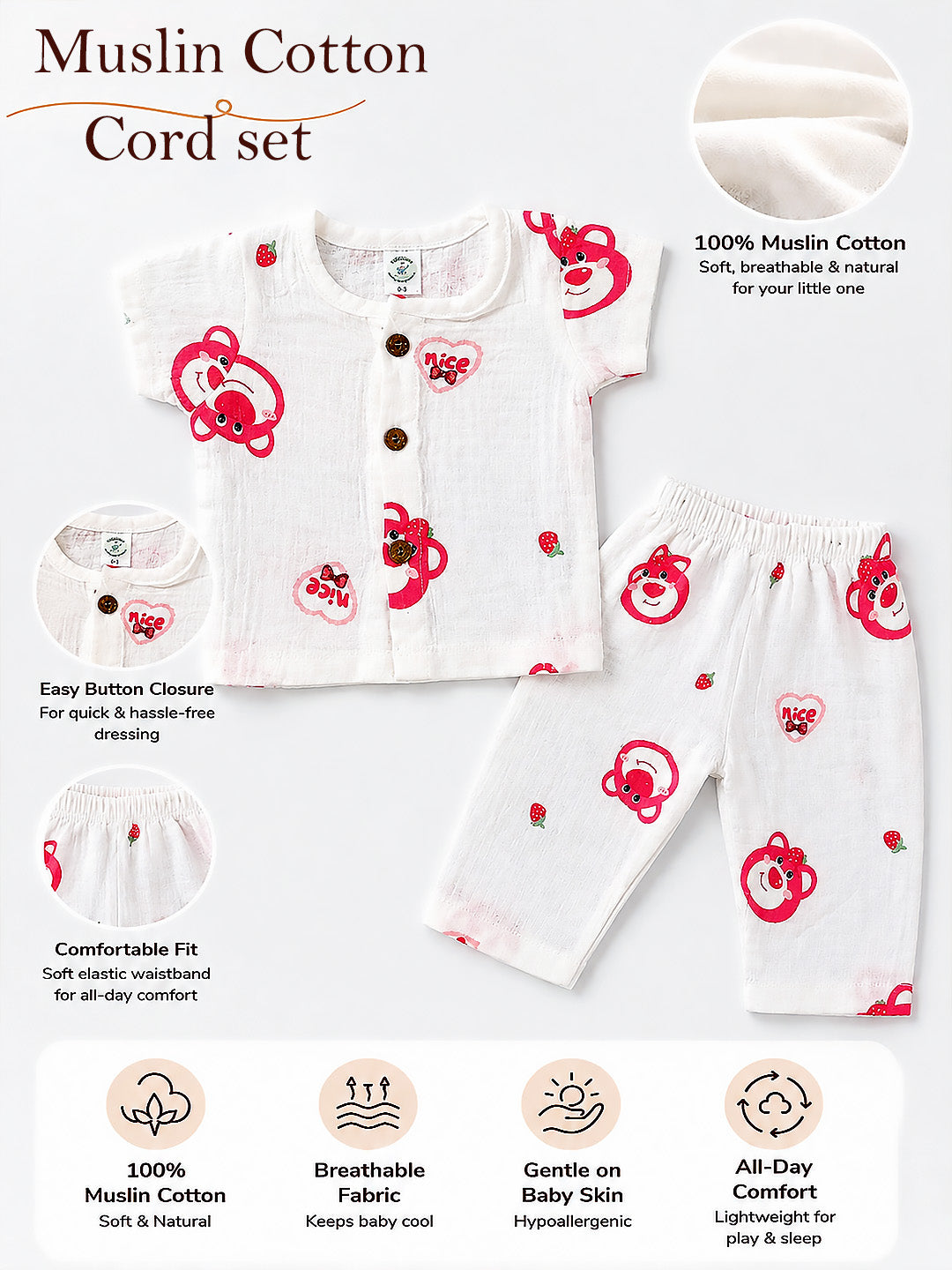 Strawberry Bear Baby Co-ord Set | 100% Muslin Cotton | Half Sleeve Top & Full Pants | 0–18 Months