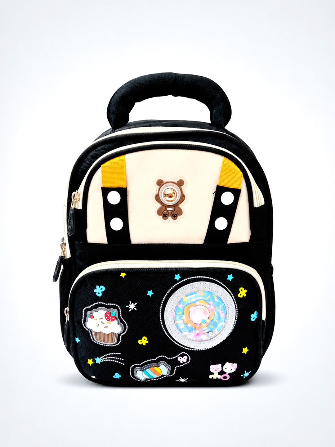 Kids LED Bear School Backpack – Black & Beige Cupcake Patch