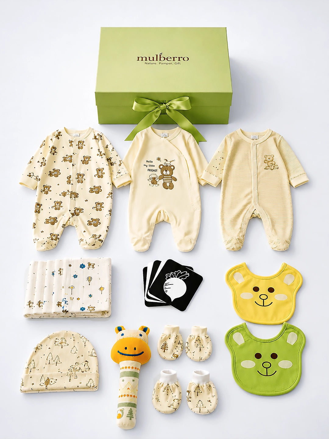 Newborn | Growing Baby | Naming Ceremony | 18-Piece Pure Cotton Gift Set   | Green Box | 0–6 Months