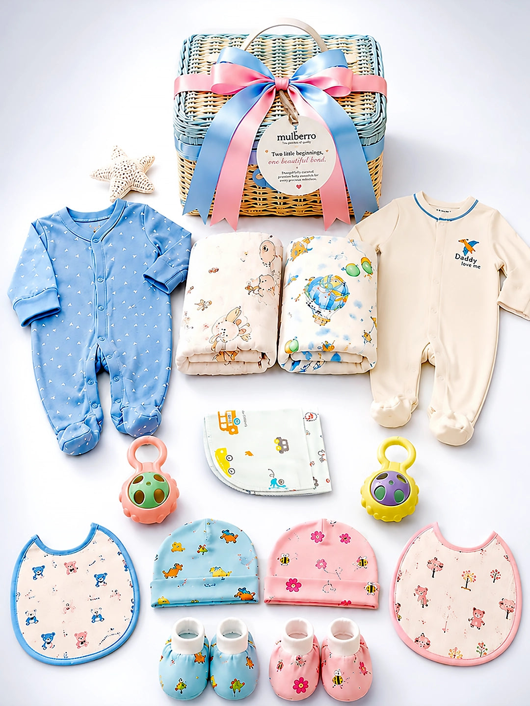 Newborn | Welcome Baby |27-Piece Twin Baby Gift Set | Cane Basket | Unisex | 0–6 Months