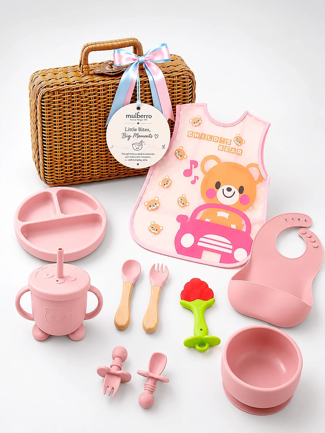 Little Foodie | Annaprashana Ceremony | Baby Girl Gift Set | 11-Piece Silicone Feeding Set |  Cane Basket | 0-24 Months