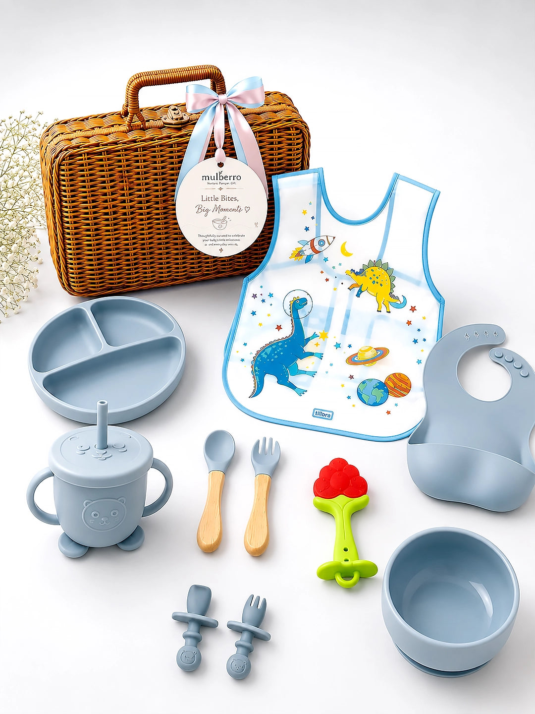 Little Foodie | Annaprashana Ceremony | Baby Boy Gift Set | 11-Piece Silicone Feeding Set |  Cane Basket | 0-24 Months
