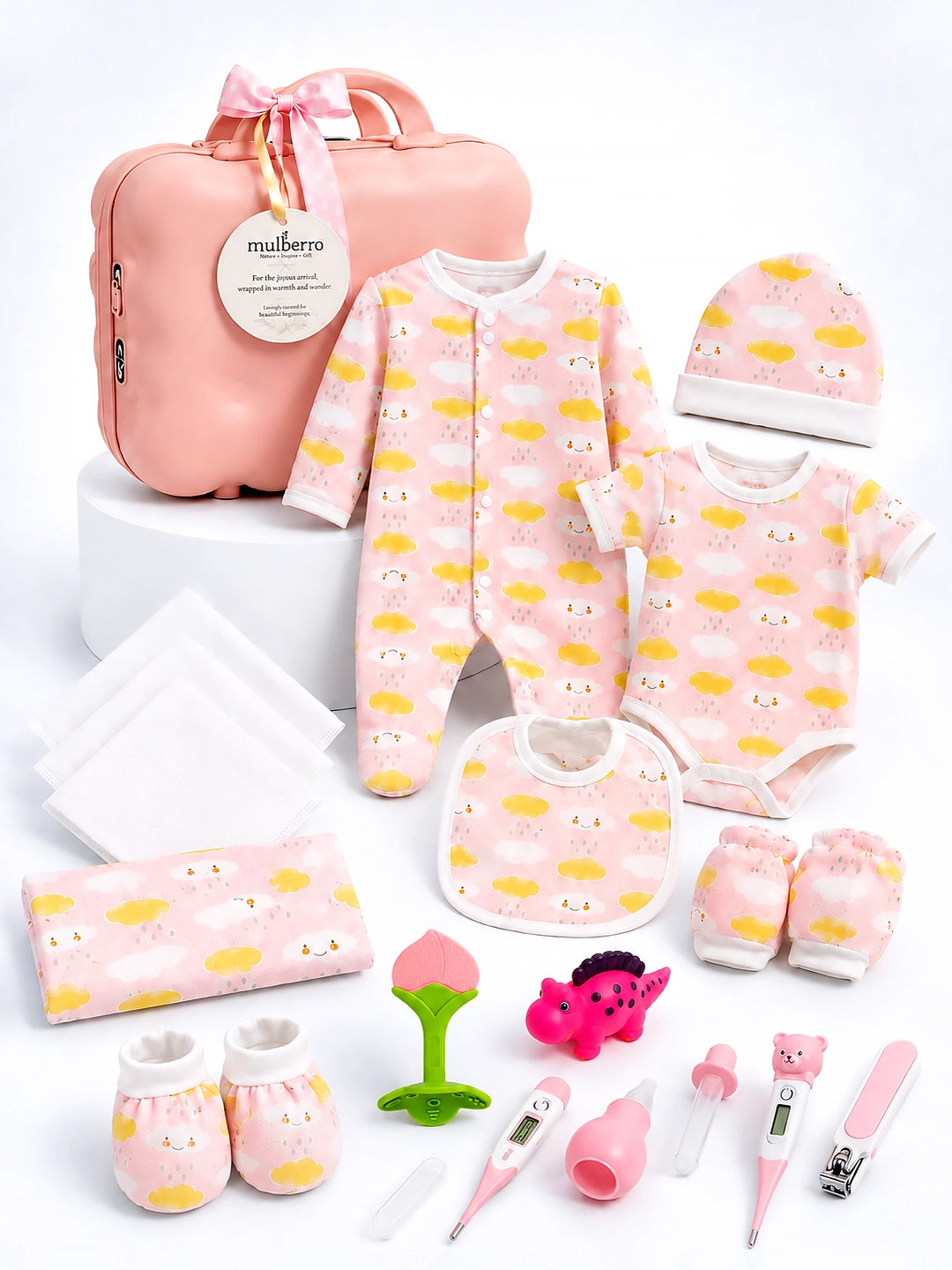 Newborn | Welcome Baby | 23-Piece Pure Cotton | Happy Clouds | Pink Suitcase | Baby Girl | 0–3 Months