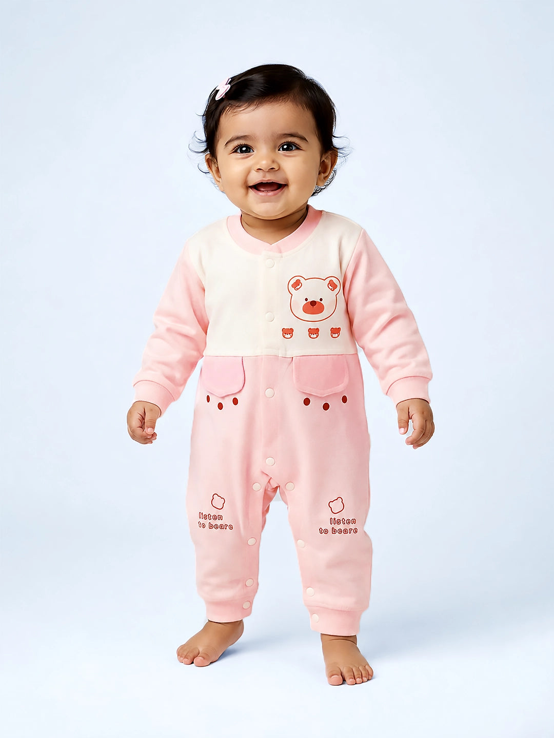 Bear Print Baby Romper | Full Sleeve | Snap Button | Footless | Soft Cotton | 0–12 Months