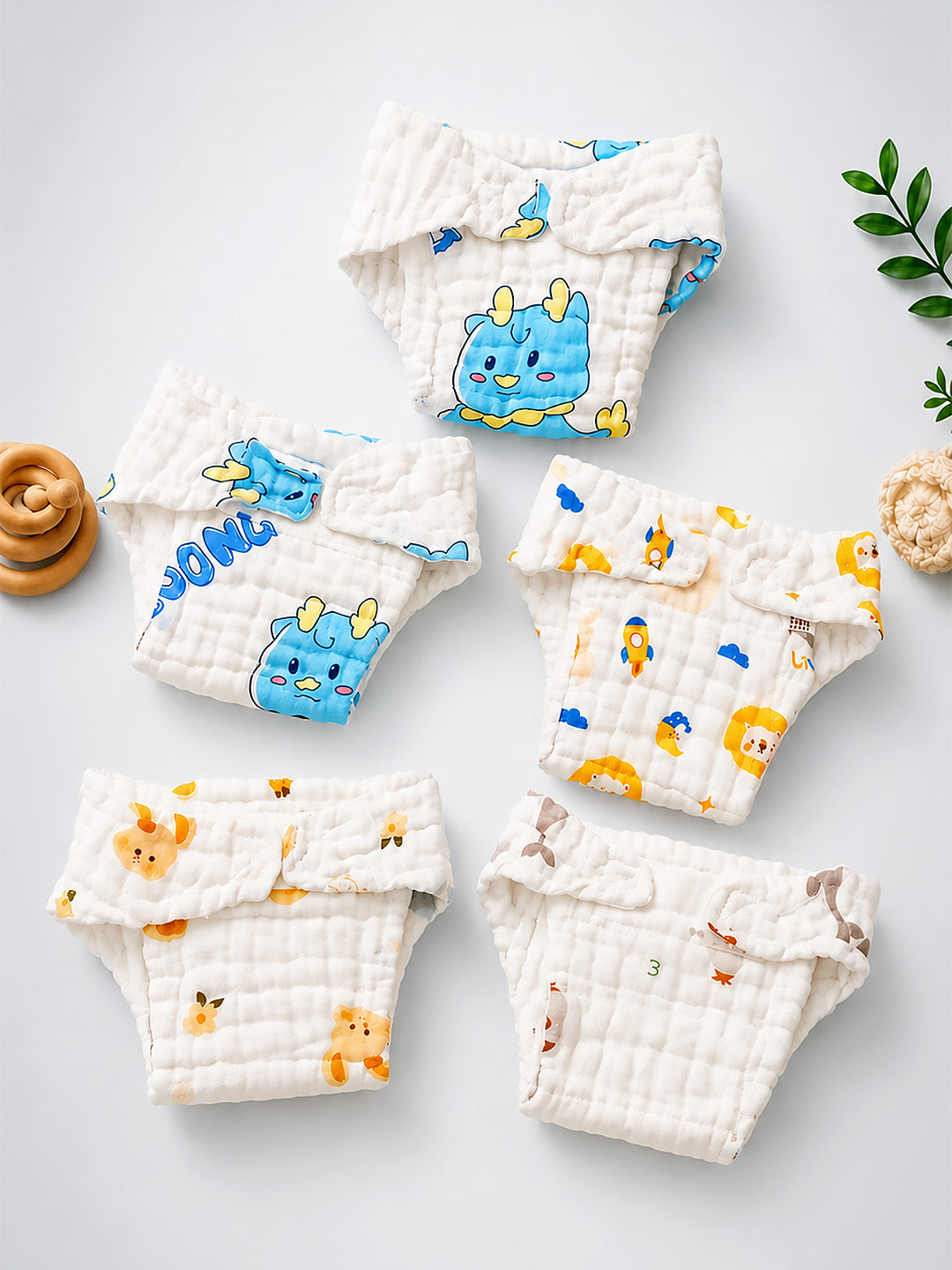 4-Layer Muslin Cloth Nappy | Cartoon Prints | Pack of 5 | 100% Pure Cotton | Reusable Baby Diaper