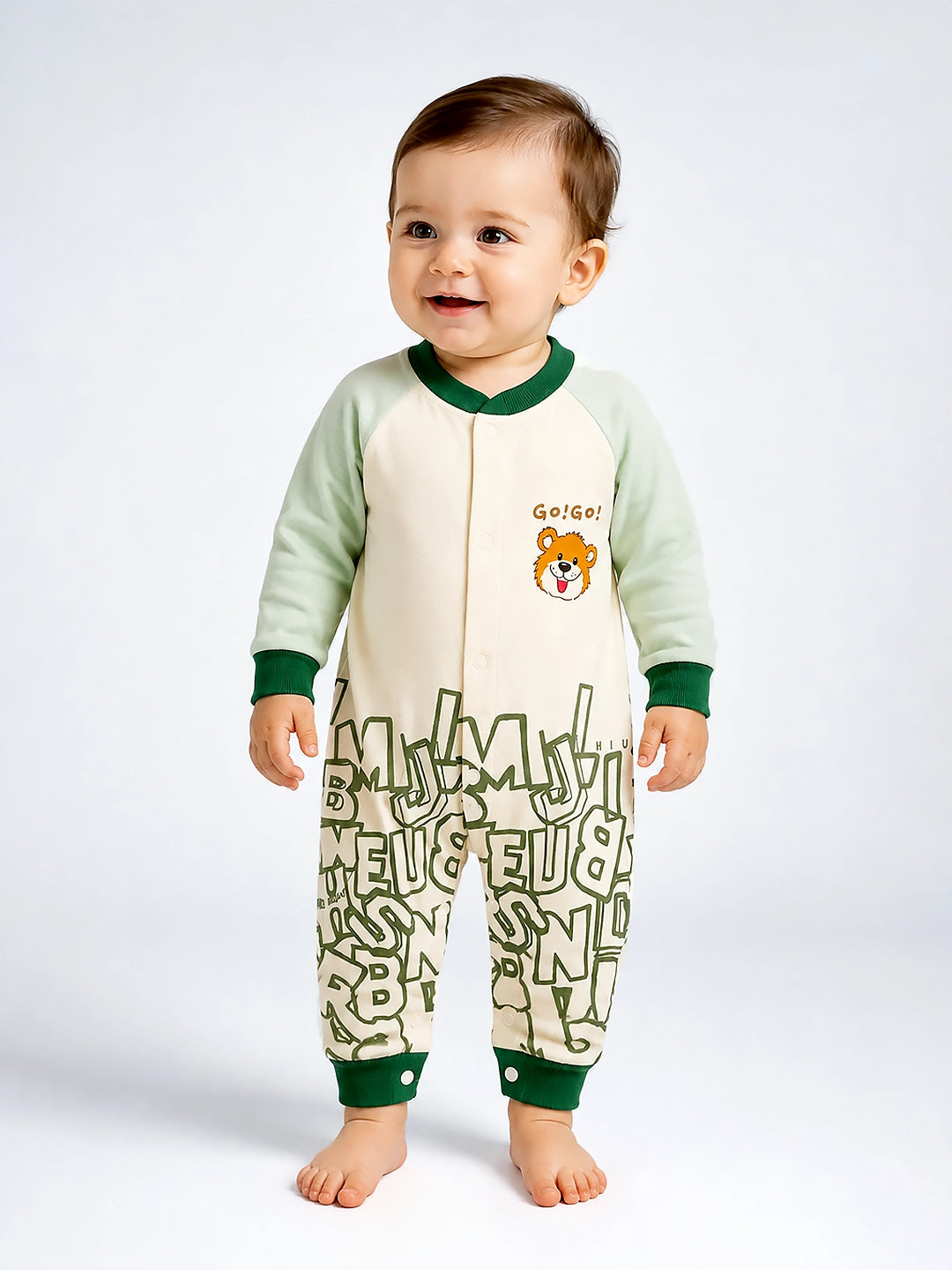 Green Bear Baby Romper | Full Sleeve | Snap Button | Footless | Premium Cotton | 0–12 Months
