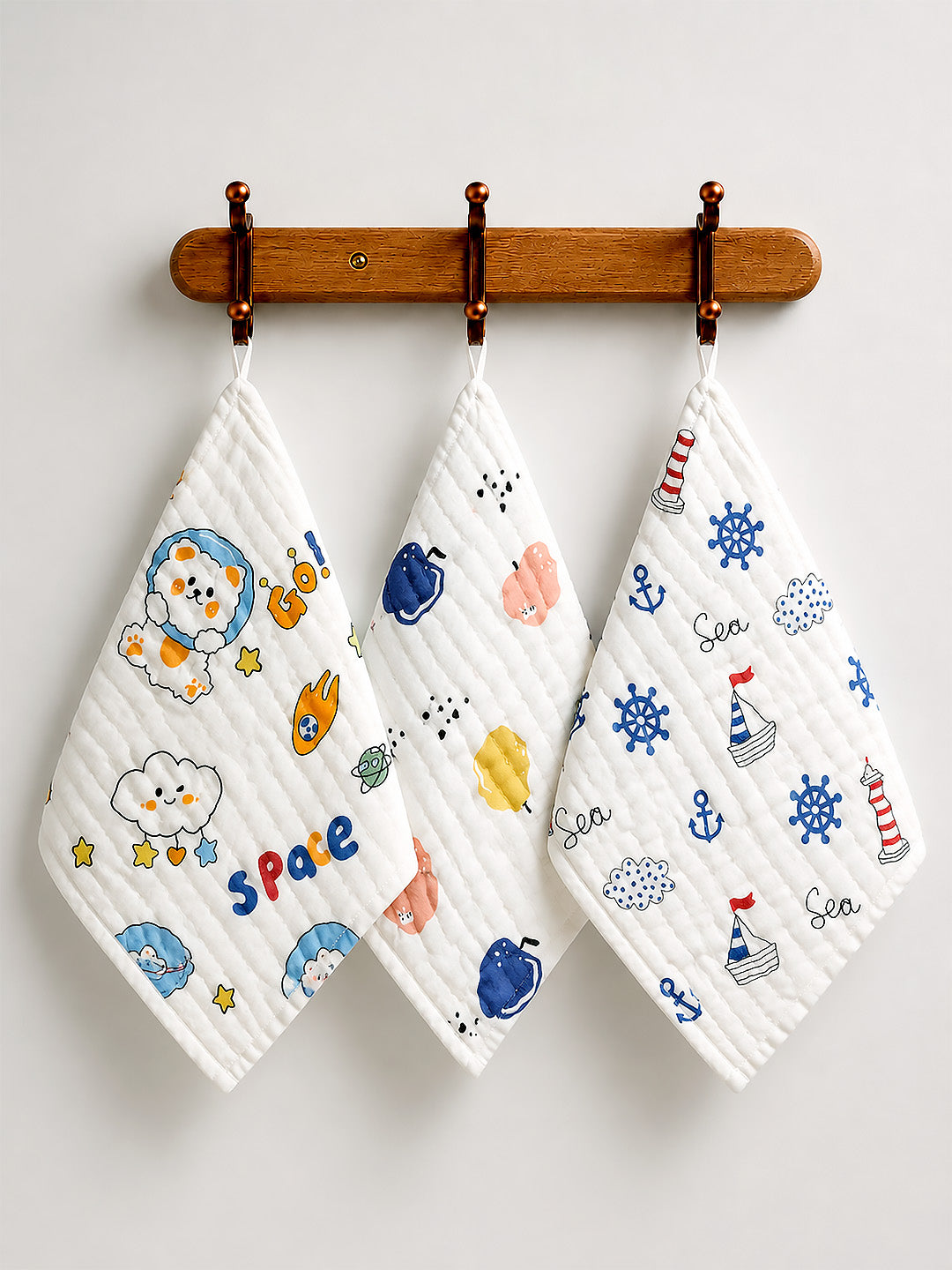 Space, Sea & Fruits 6-Layer Muslin Face Towel | Set of 3 | Pure Cotton | 0–3 Yrs