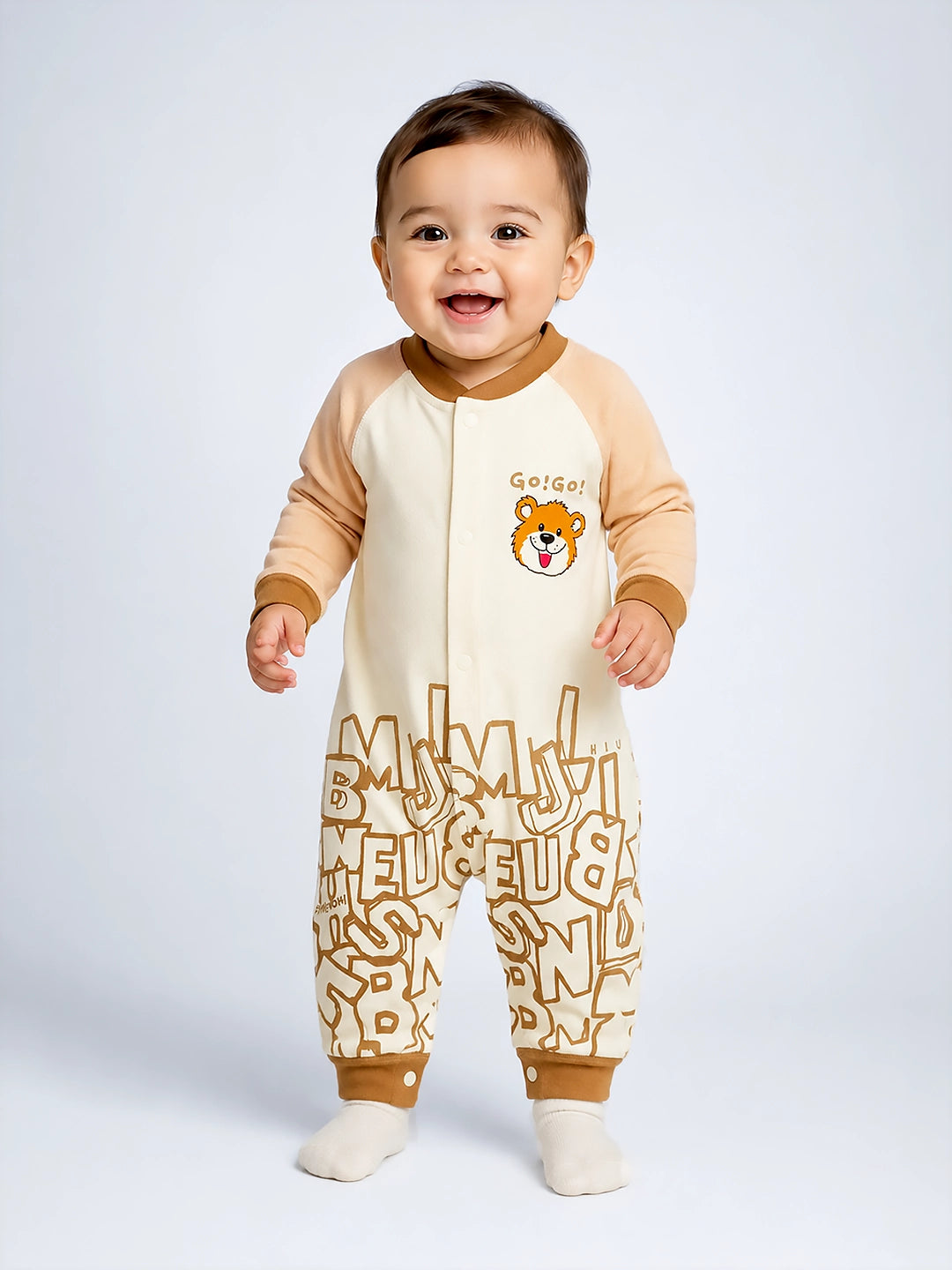 Beige Bear Baby Romper | Full Sleeve | Snap Button | Footless | Premium Cotton | 0–12 Months