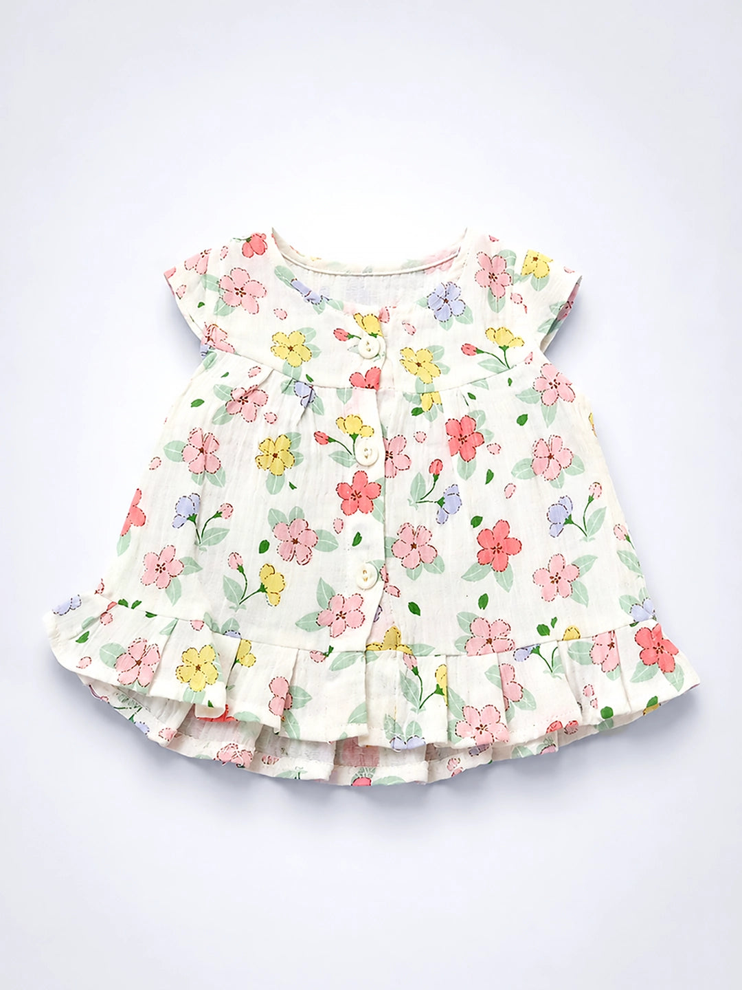 Floral Muslin Cotton Baby Frock | Cap Sleeve & Ruffle Hem | Button Placket | 0–6 Months