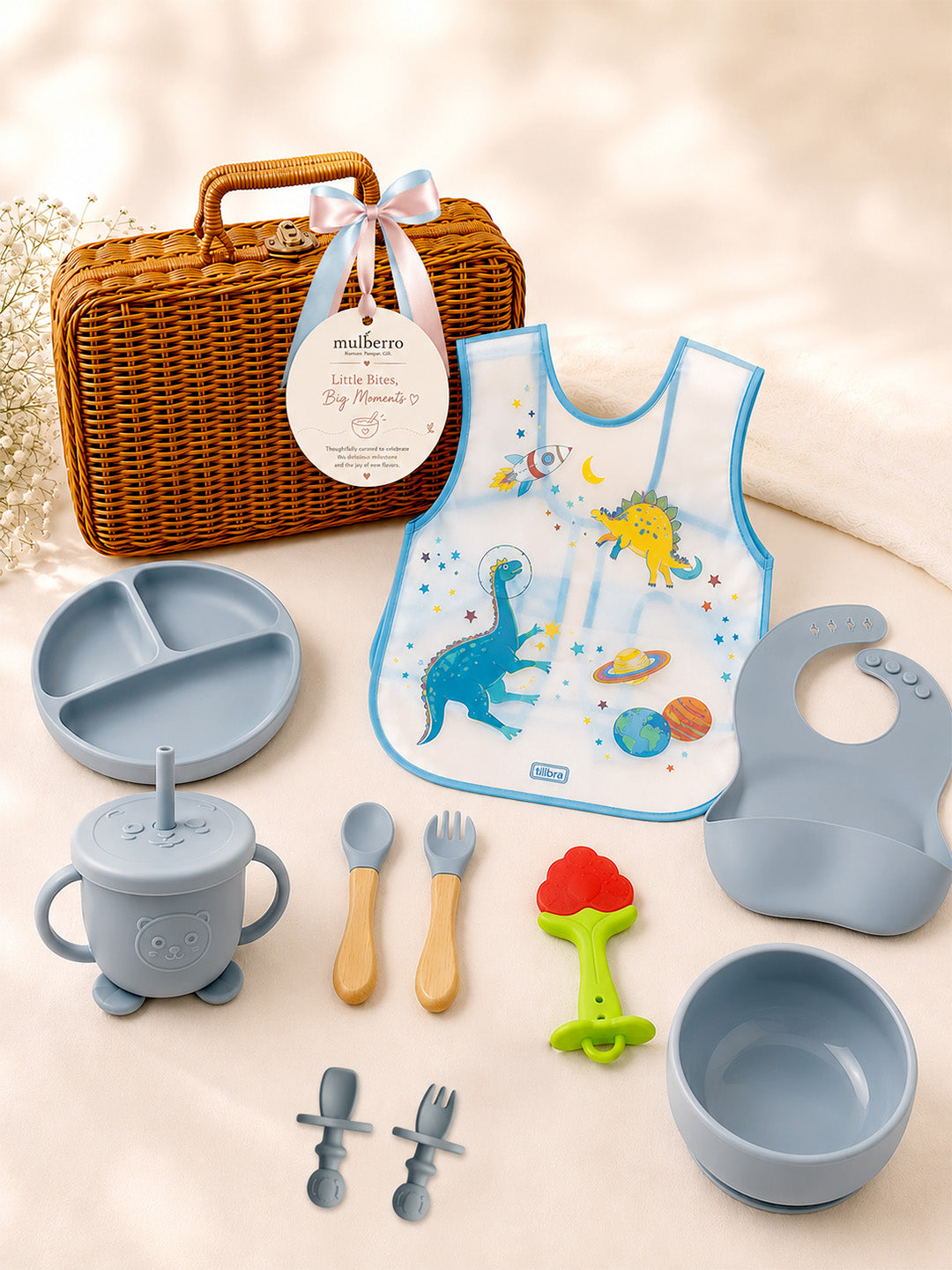 11-Piece Little Foodie Baby Weaning Gift Hamper | Silicone Feeding Set | Dino Space Theme | Cane Basket | 0-24 Months