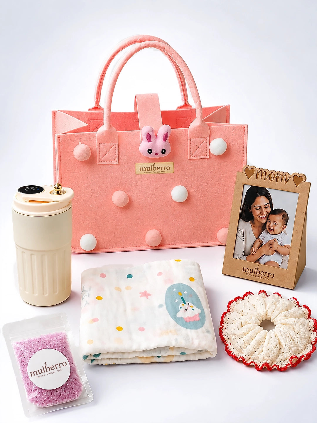 New Mom 6-Piece Baby Shower Gift Hamper | Pink Bunny Felt Tote Bag