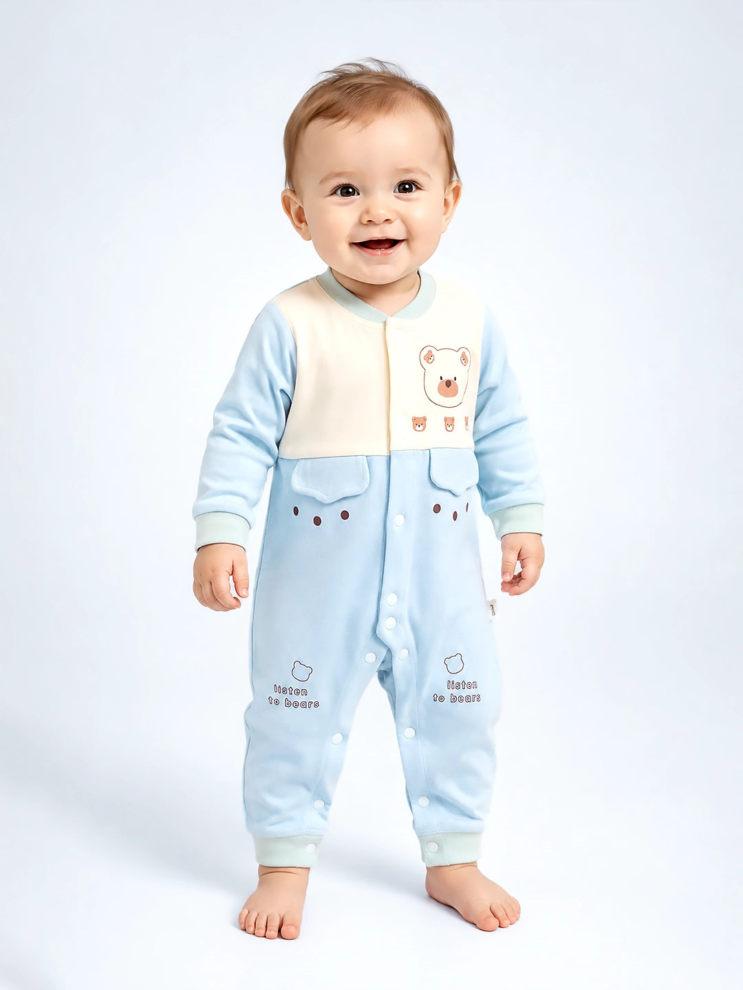 Bear Embroidery Baby Romper | Full Sleeve | Snap Button | Footless | 0–12 Months