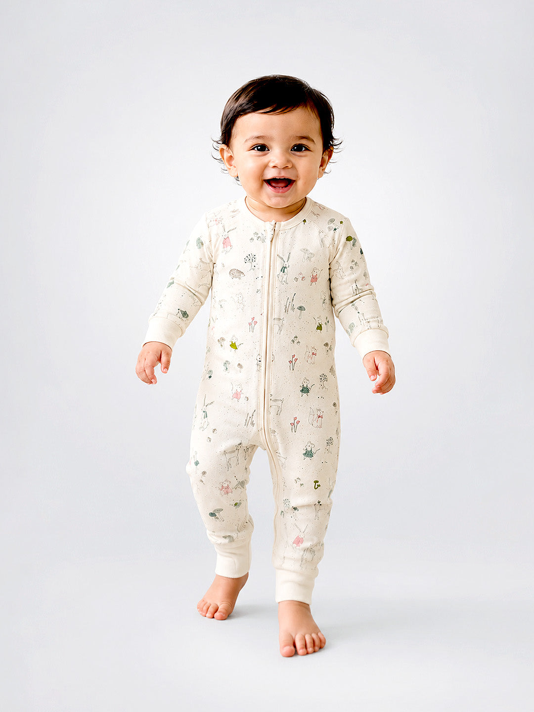 Woodland Friends Baby Romper | Full Sleeve | Two-Way Zipper | Footless | 100% Organic Cotton | 0–18 Months