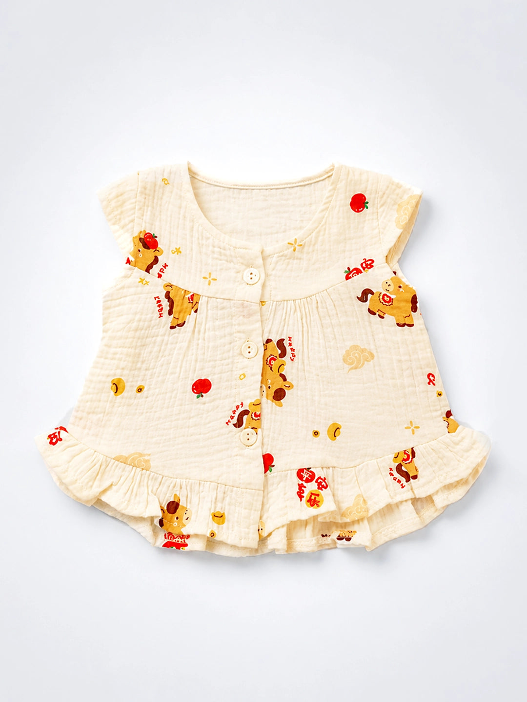 Happy Pony Baby Girl Frock | Muslin Cotton | Flutter Sleeve & Ruffle Hem | 0–6 Months