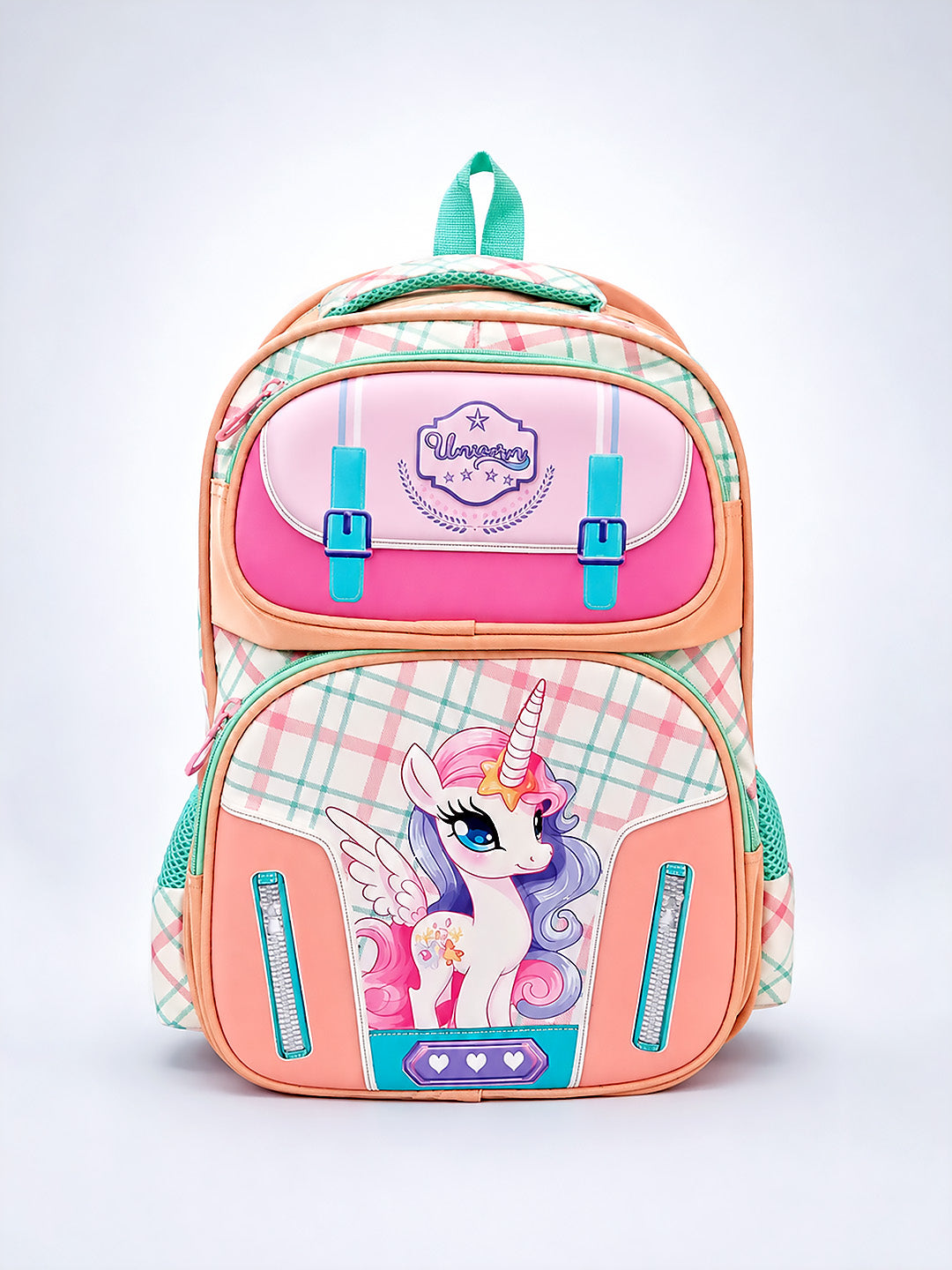 Unicorn School Backpack for Girls – Pink Plaid Kids Bag