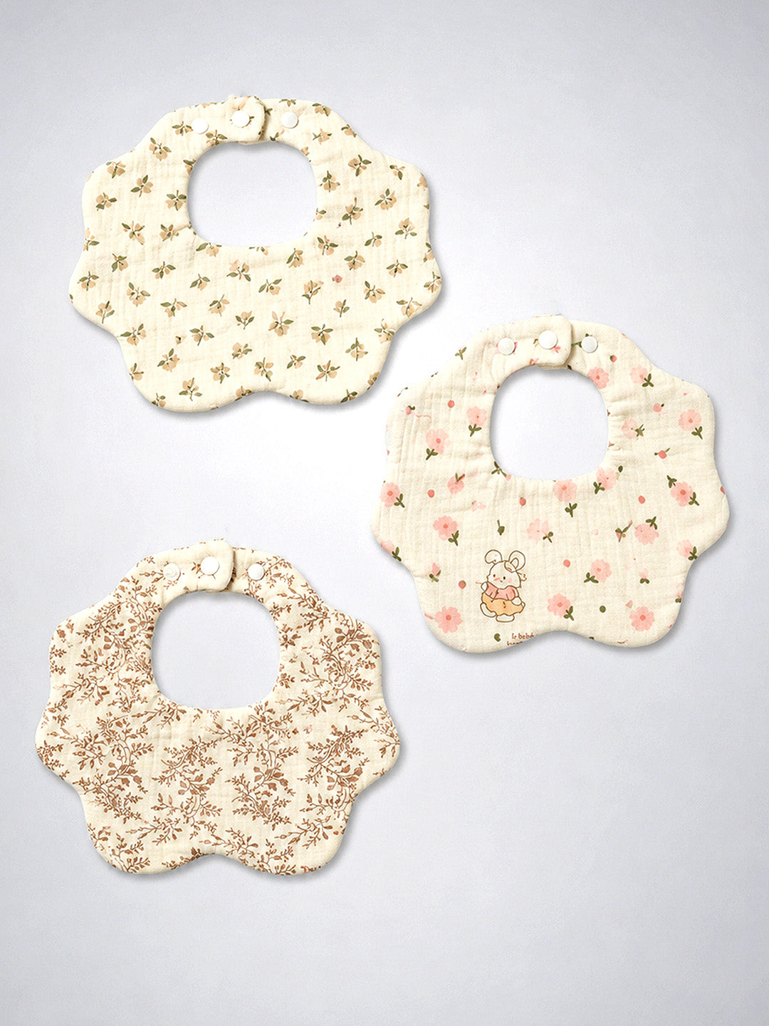 Floral Print 3-Piece Muslin Baby Bibs | Snap Closure | Drool & Burp Bib