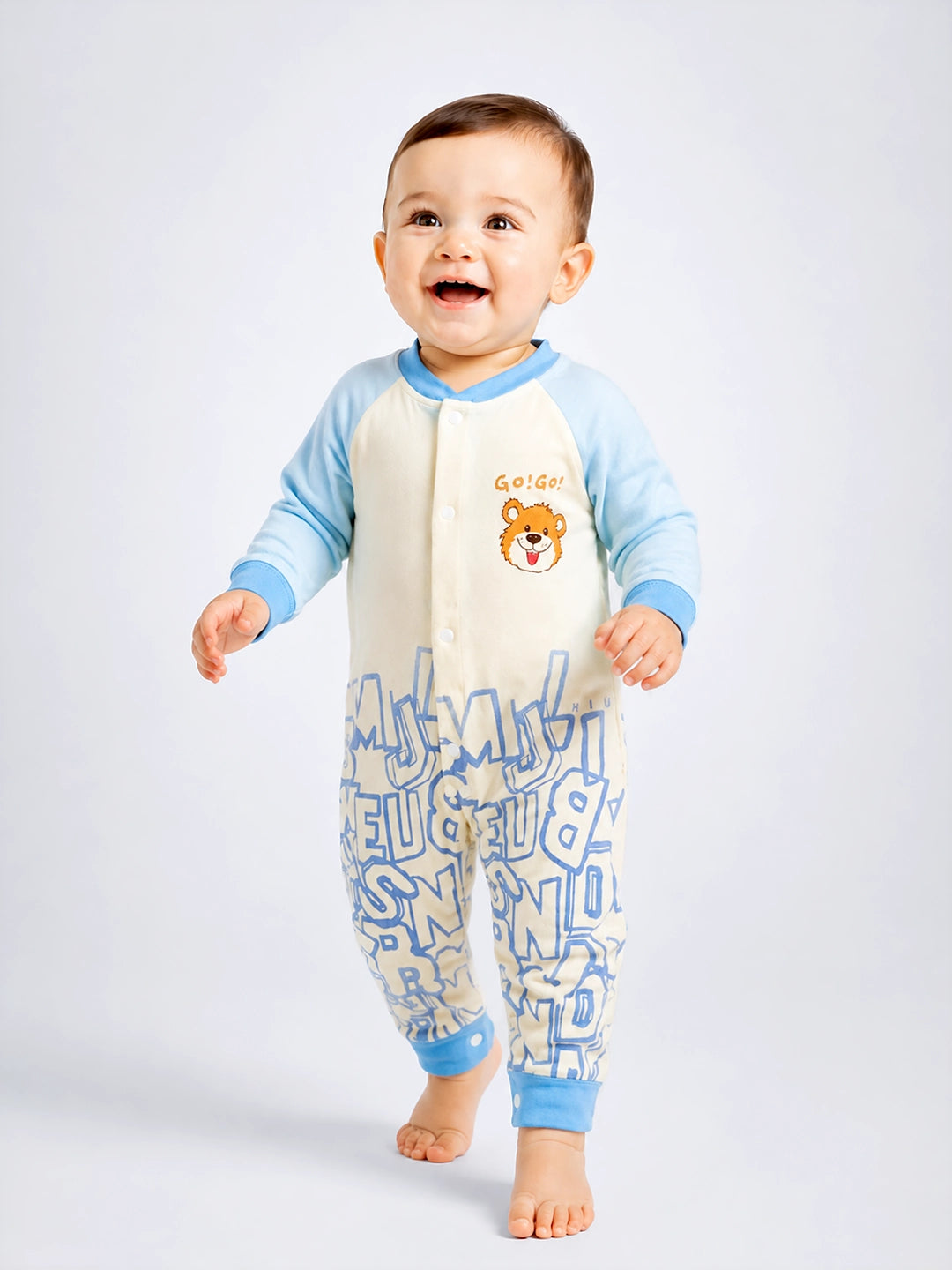 Blue Bear Baby Romper | Full Sleeve | Snap Button | Footless | Premium Cotton | 0–12 Months