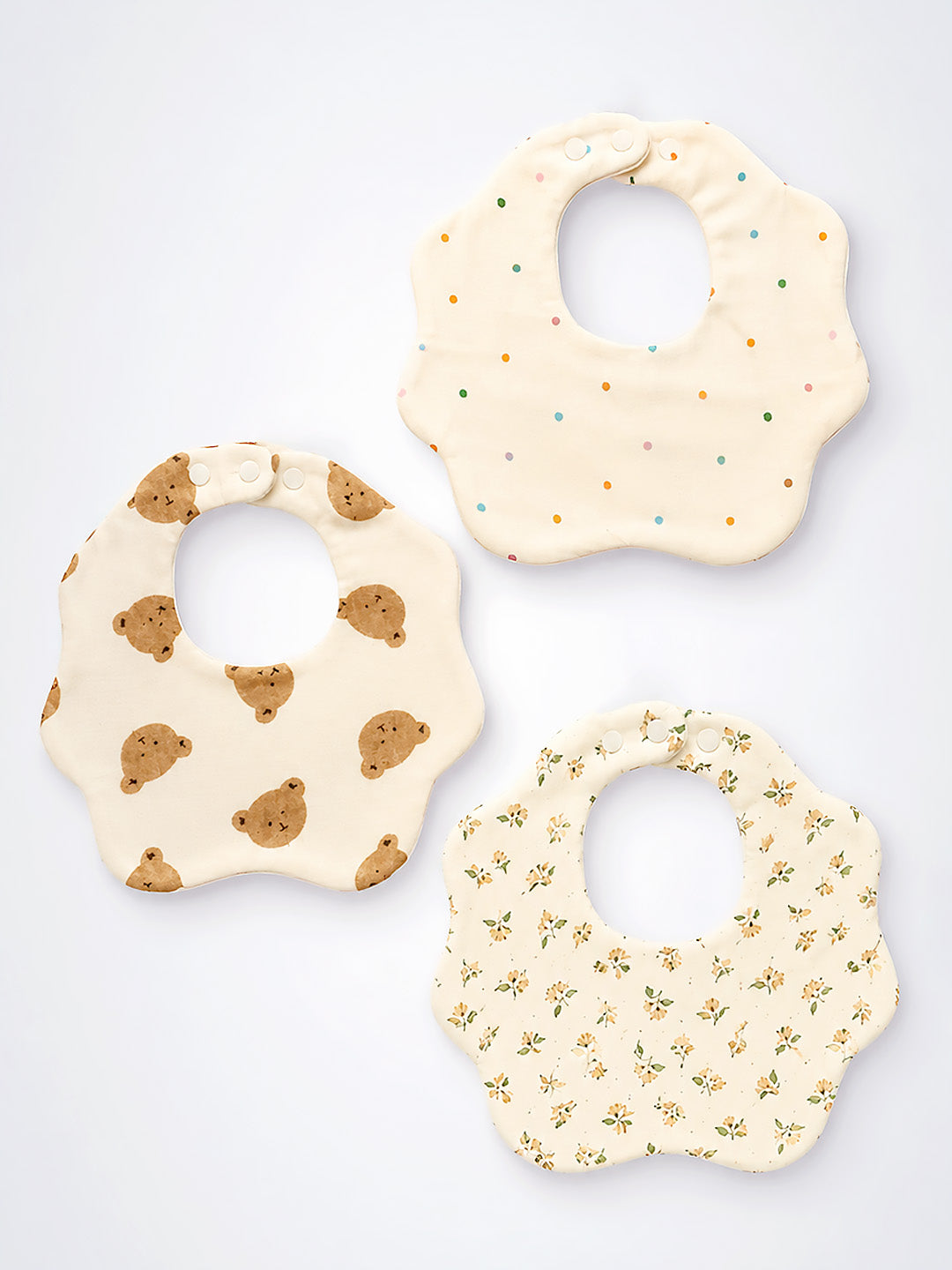Bear, Floral & Polka Dot 3-Piece Muslin Cotton Baby Bibs | Snap Closure | Drool & Burp Bib