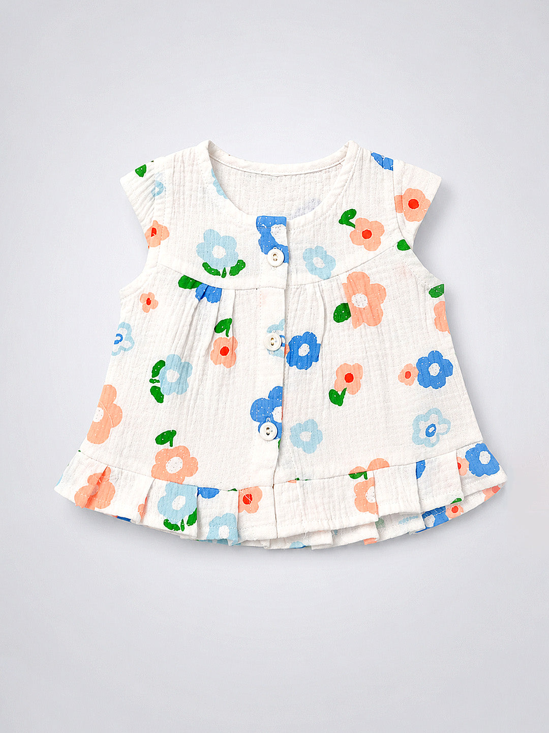Blue Flower Baby Girl Muslin Frock | Sleeveless Button-Front Dress with Ruffle Hem