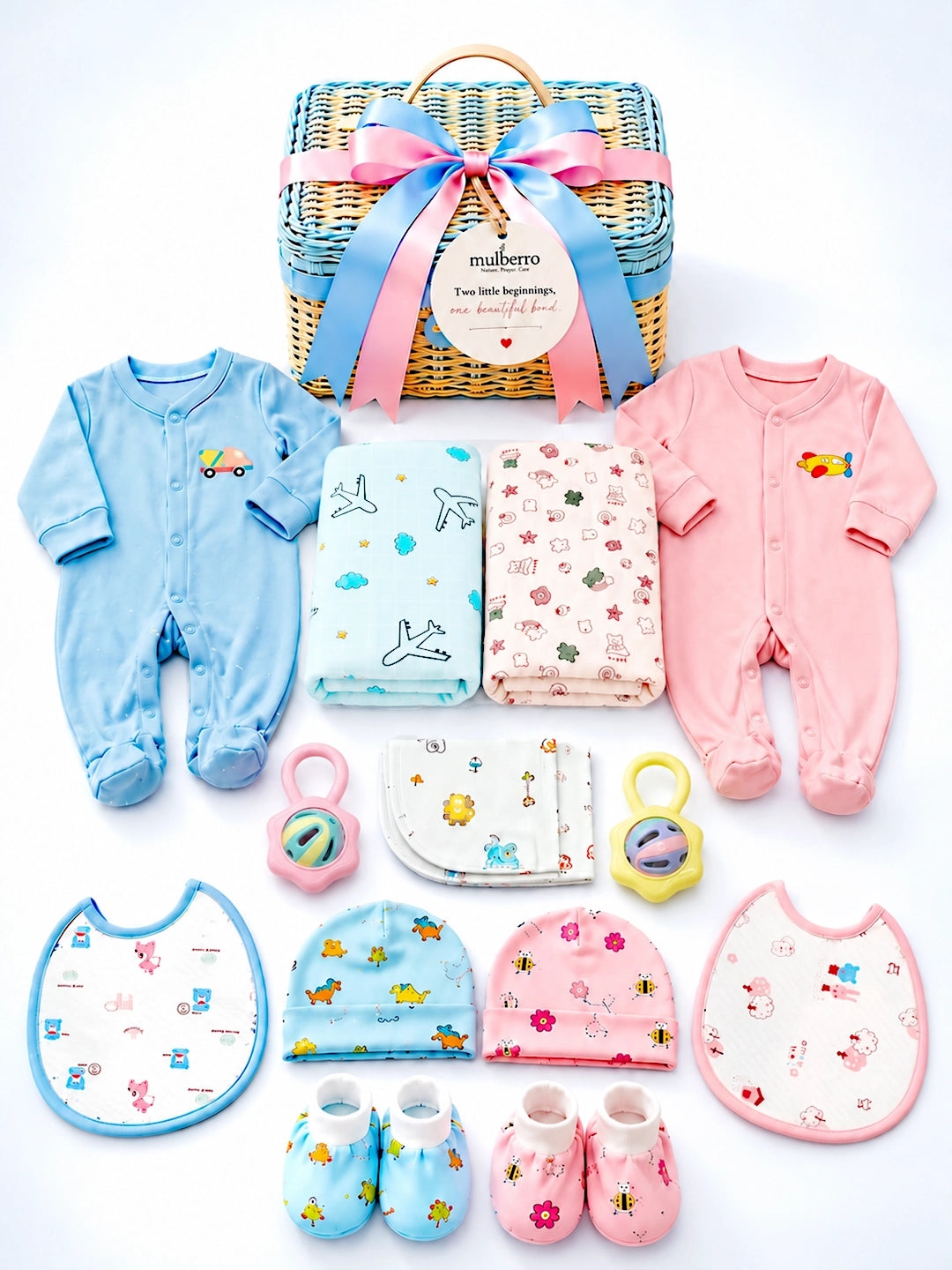 Newborn Twins | Welcome Baby | 27-Piece Gift Set | Pure Cotton | Pink & Blue Cane Basket | Twin Boy-Girl | 0–6 Months