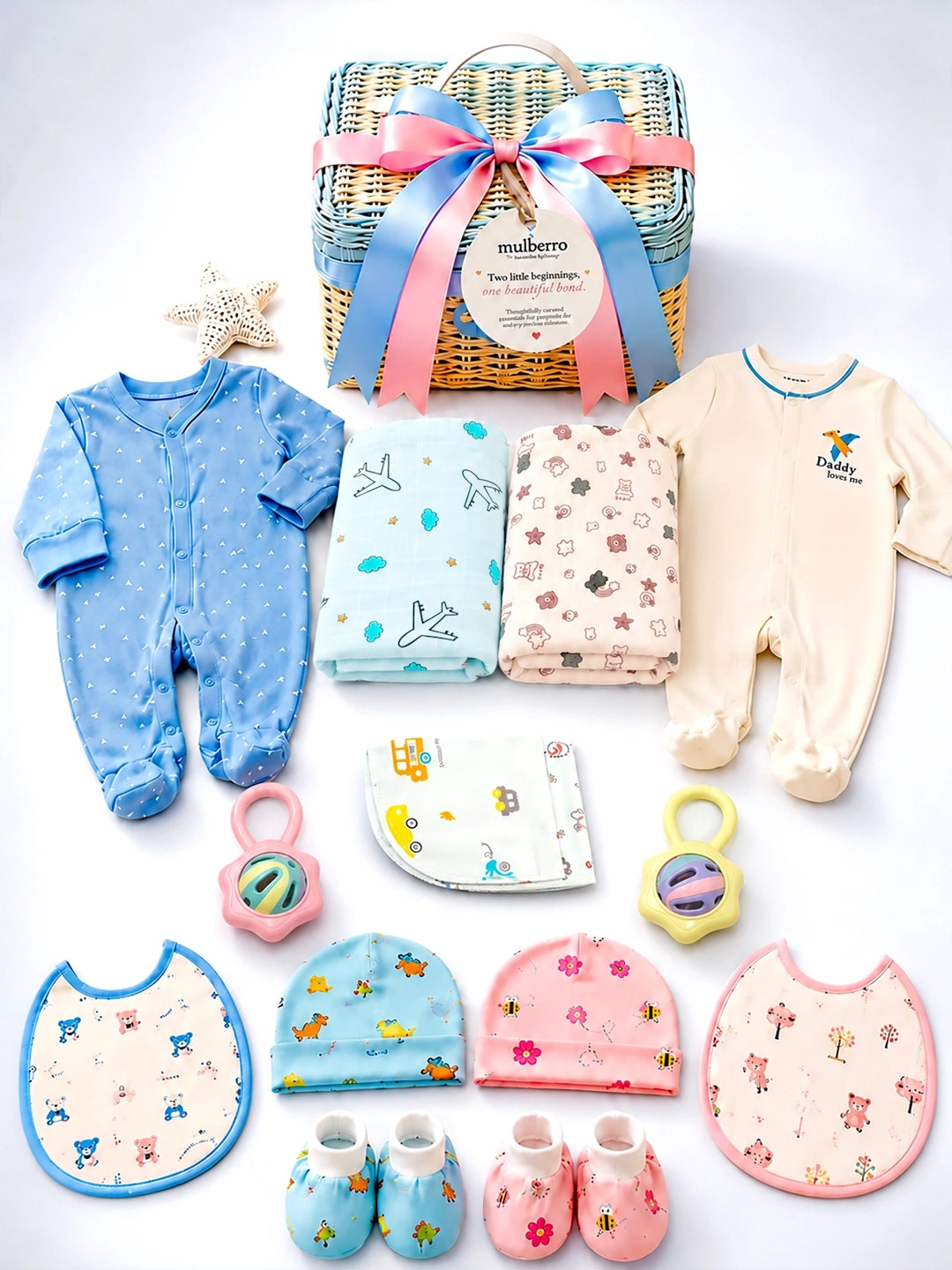 Newborn | Welcome Baby |27-Piece Twin Baby Gift Set | Cane Basket | Baby Boy & Girl | 0–6 Months