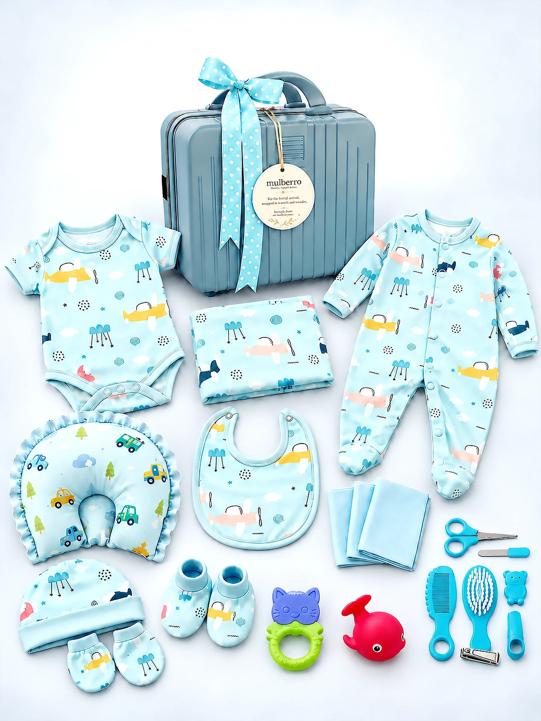 Newborn | Welcome Baby | Baby Shower | 22-Piece Gift Set | Pure Cotton | Happy Stars Blue Suitcase | Baby Boy & Girl | 0–3 Months
