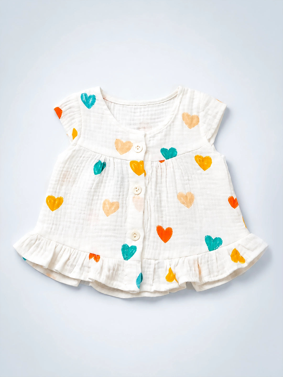 Colourful Hearts Baby Girl Frock | Muslin Cotton | Cap Sleeve & Ruffle Hem | 0–6 Months