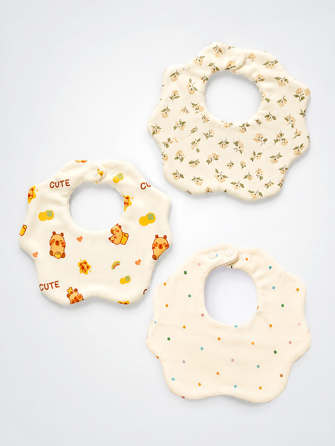Bear, Floral & Polka Dot 3-Piece Muslin Cotton Shoulder Bibs | Snap Closure | Drool & Burp Bib