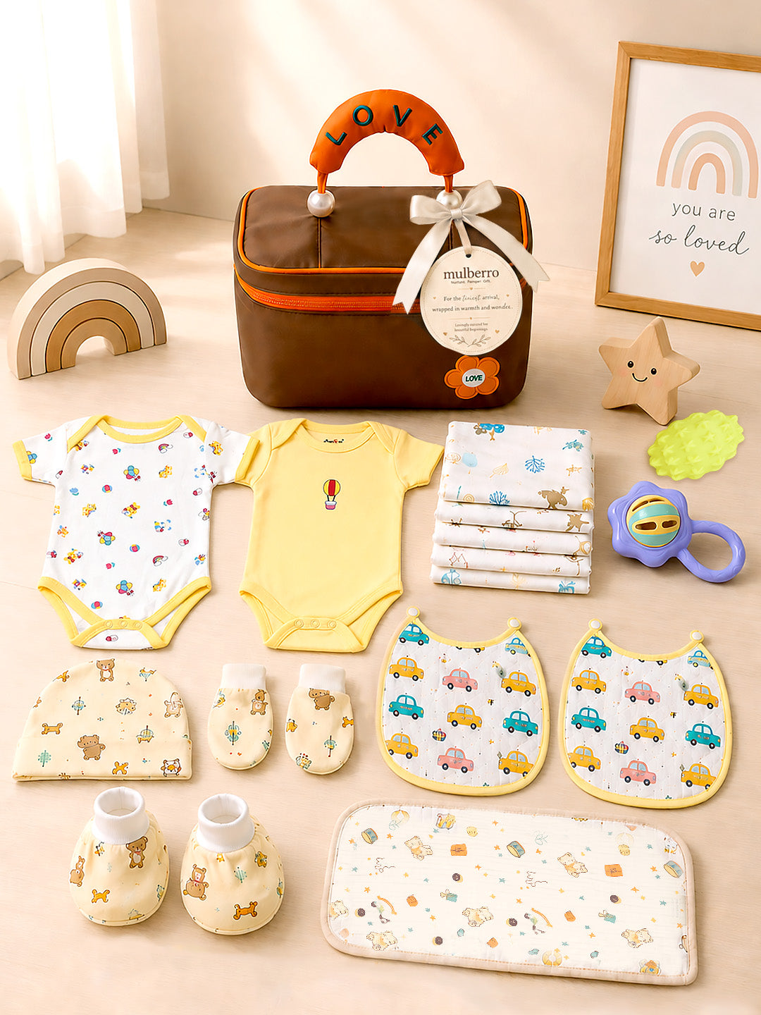 Welcome Baby 18-Piece Newborn Gift Hamper | Cotton & Muslin | Unisex | 0–3 Months