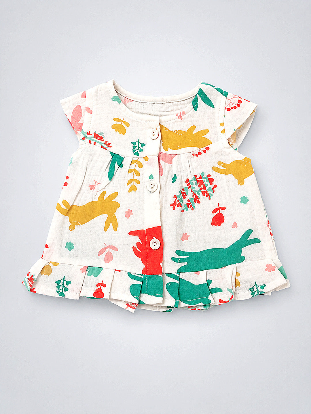 Bunny Animal Print Baby Girl Muslin Frock | Cap Sleeve | Ruffle Hem | 0–6 Months