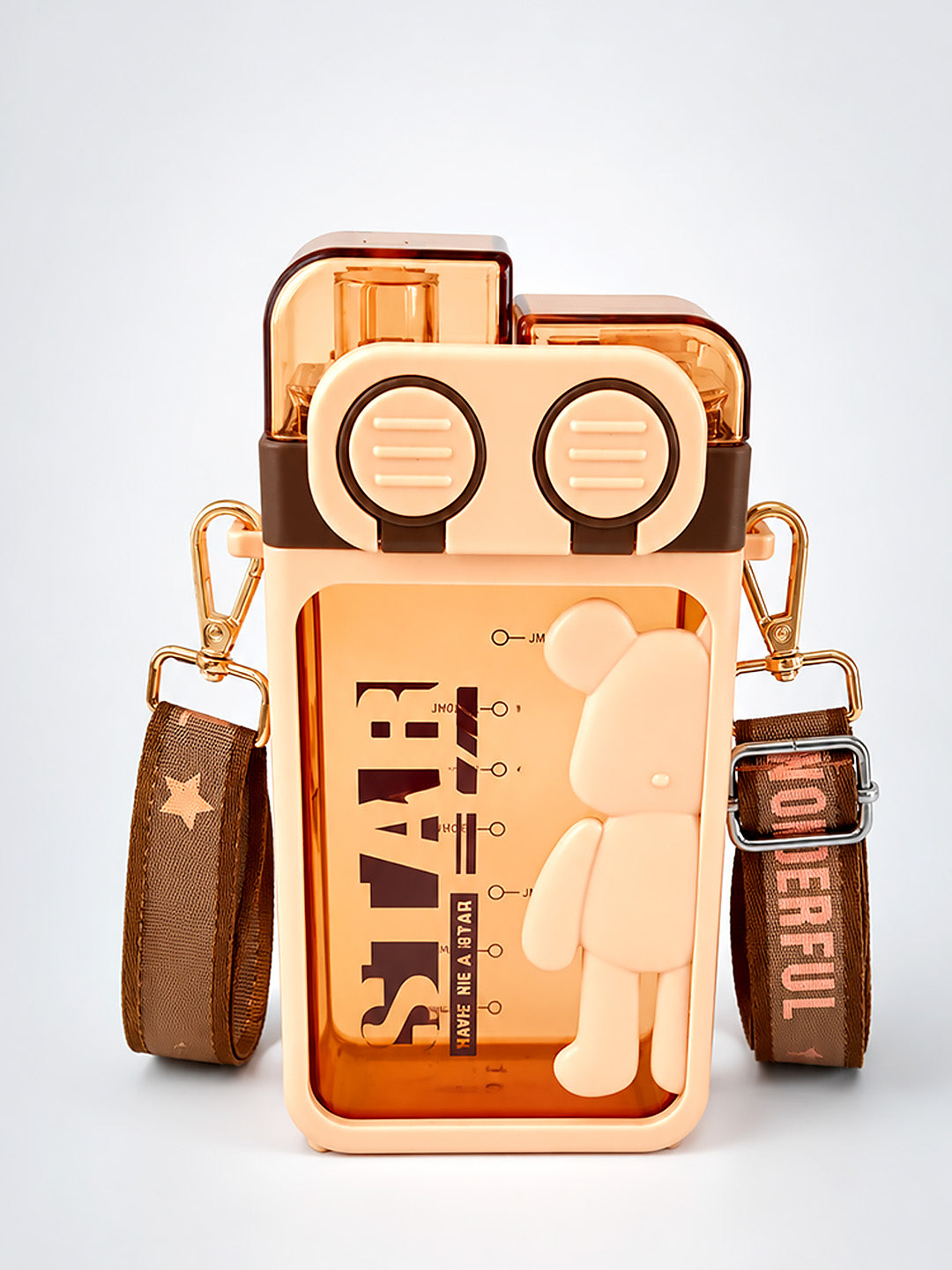 3D Bear Kids Water Bottle — 450ml | Dual Flip Top, Straw & Shoulder Strap