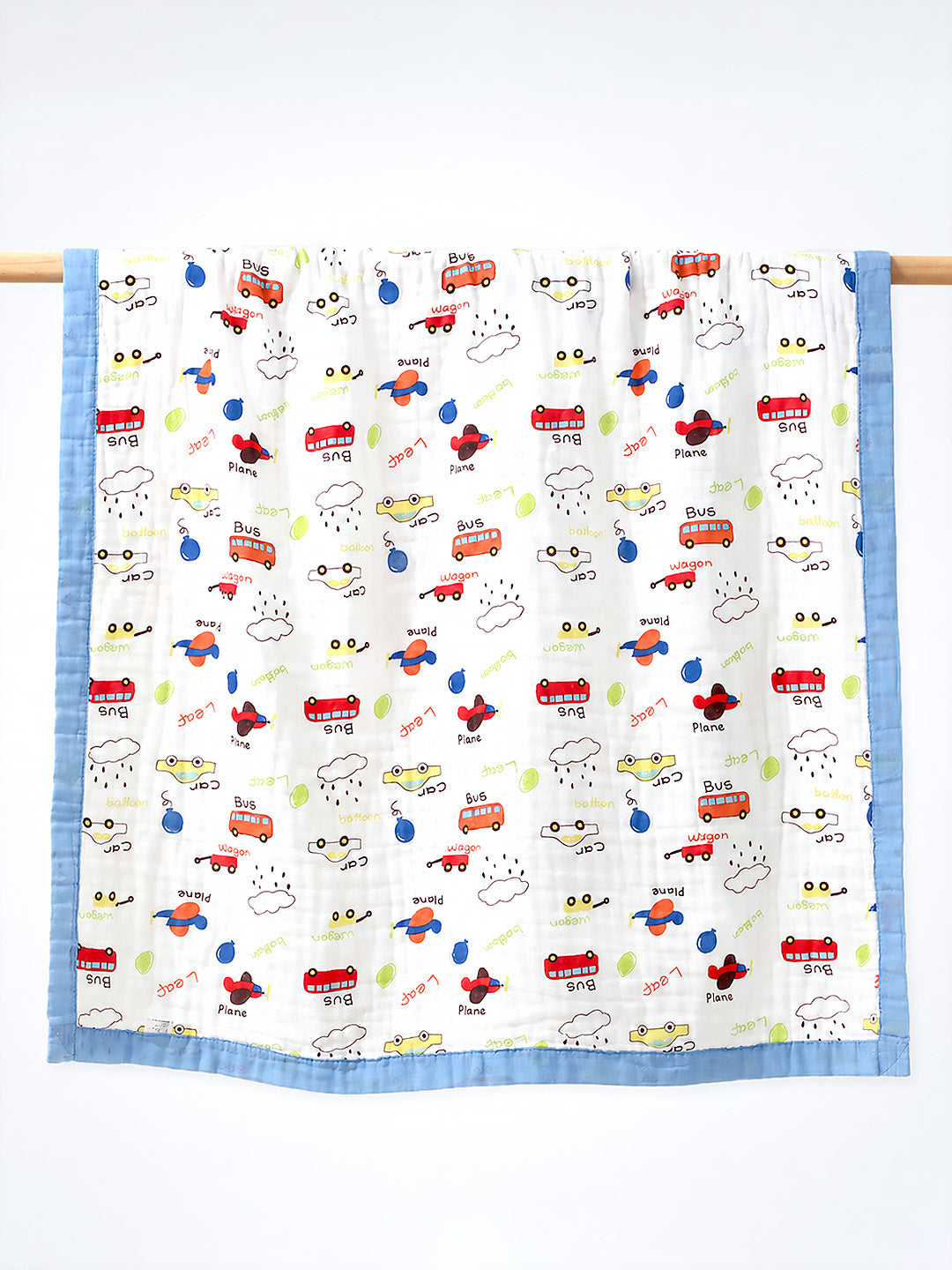 Little Vehicles 6-Layer Muslin Cotton Baby Blanket | All-Season | Blue Border | 110×110 cm