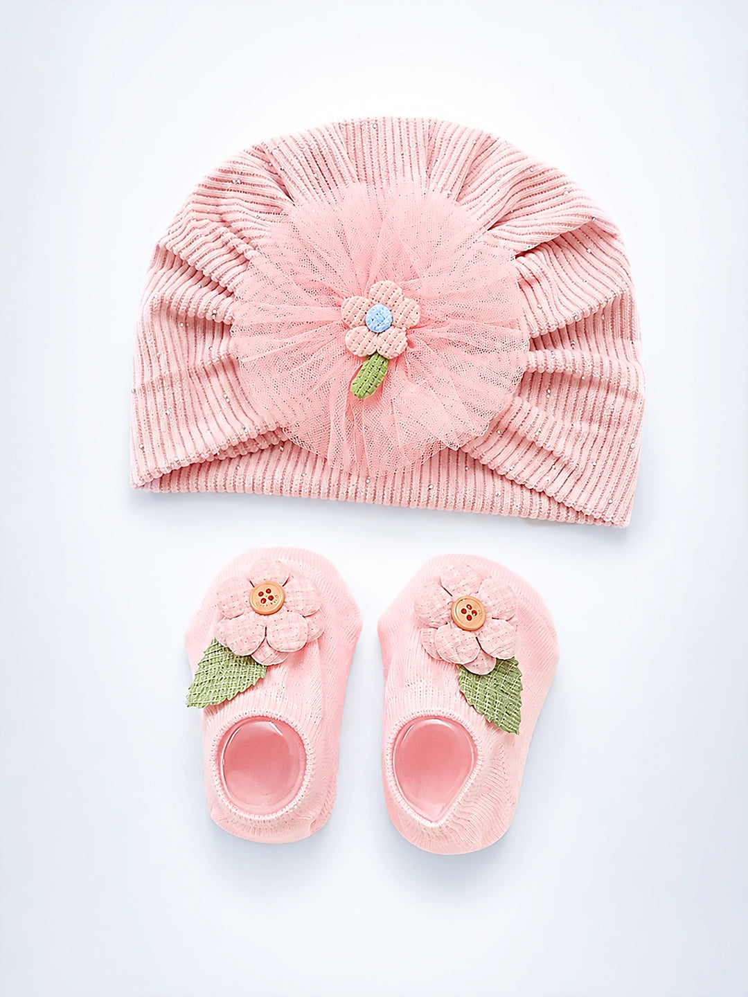 Pink Floral Turban Cap & Booties Gift Set | Baby Girls | 0–12 Months