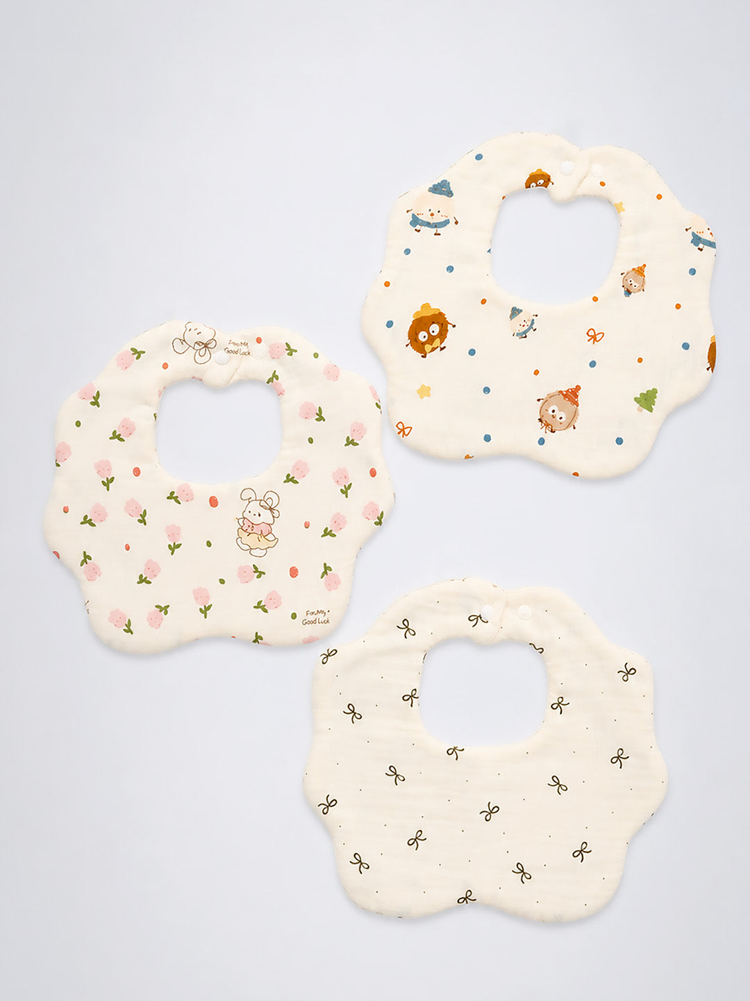 Floral, Bow & Character Print 3-Piece Muslin Baby Bibs | Snap Closure | Drool & Burp Bib