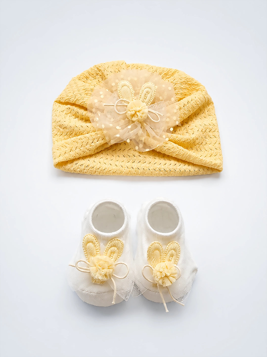 Yellow Bunny Turban Cap & Booties Set | Soft Baby Girl Gift Set | 0–12 Months