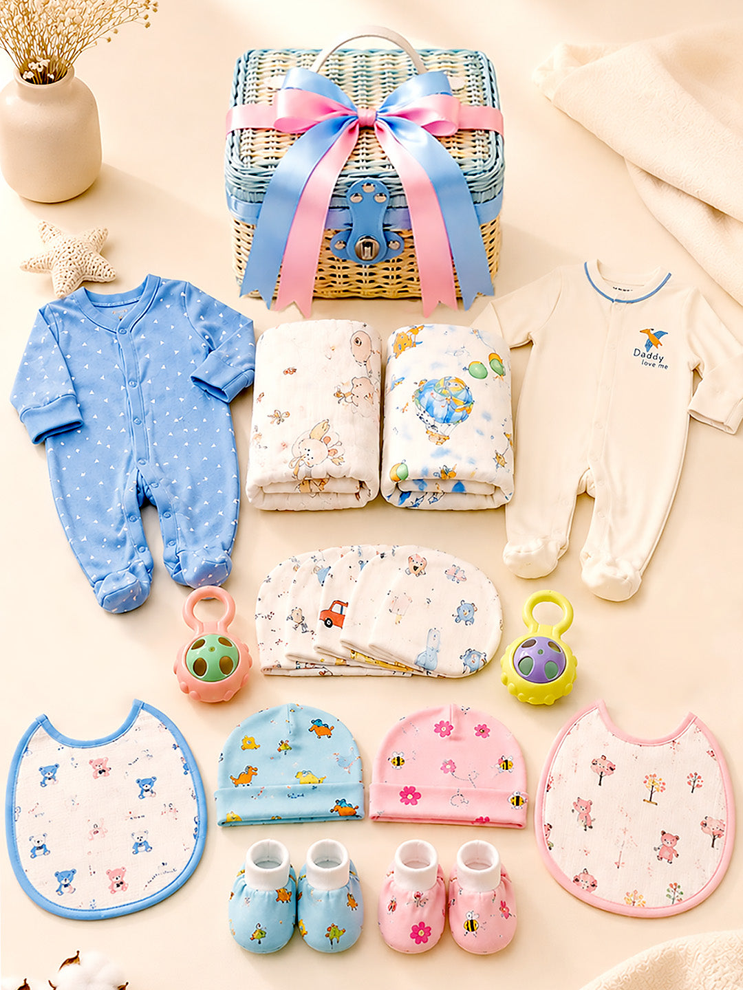32-Piece Newborn Twin Baby Gift Hamper | Pure Cotton | Unisex | 0–6 Months