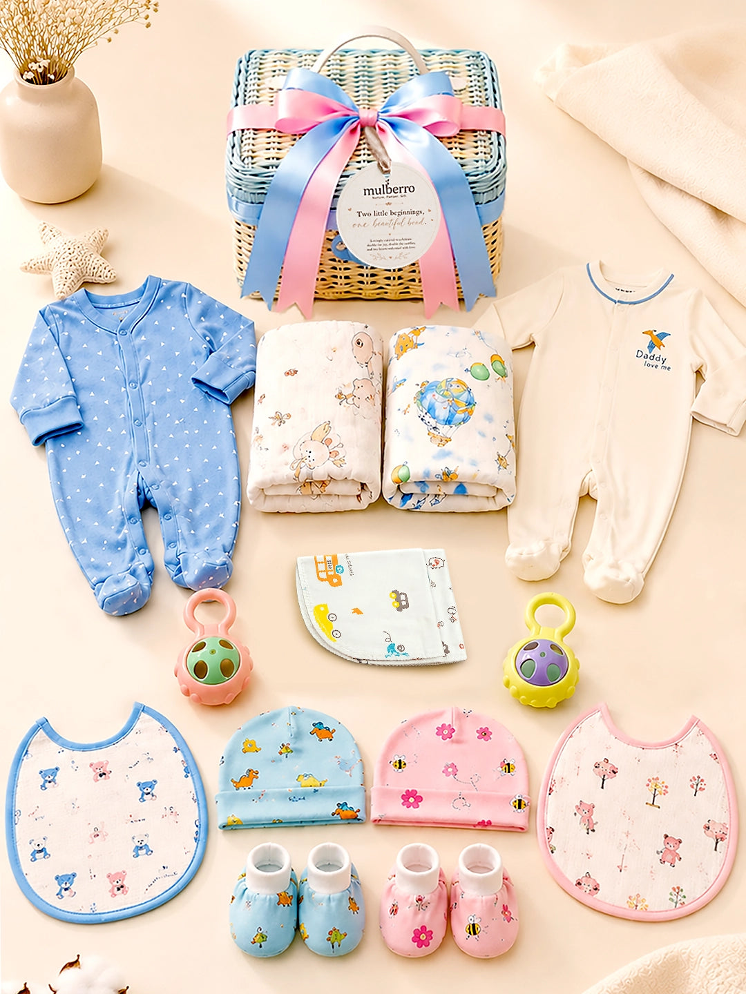 27-Piece Newborn Twin Baby Gift Hamper | Pure Cotton | Unisex | 0–6 Months