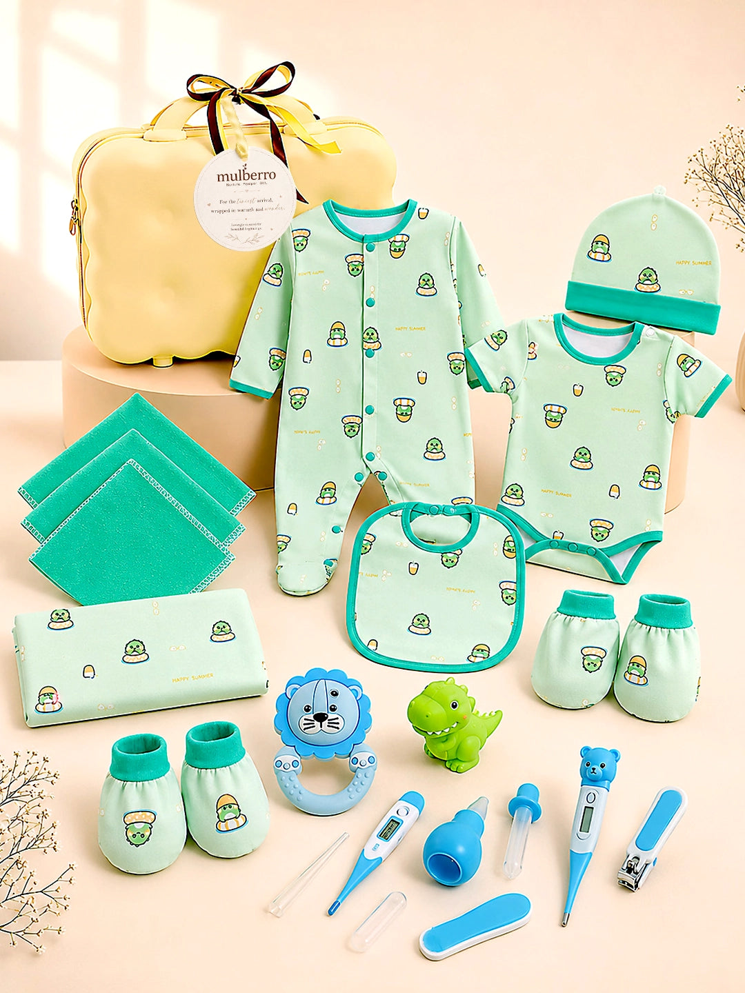 22-Piece Newborn Baby Gift Hamper | Pure Cotton | Yellow Suitcase | 0–3 Months