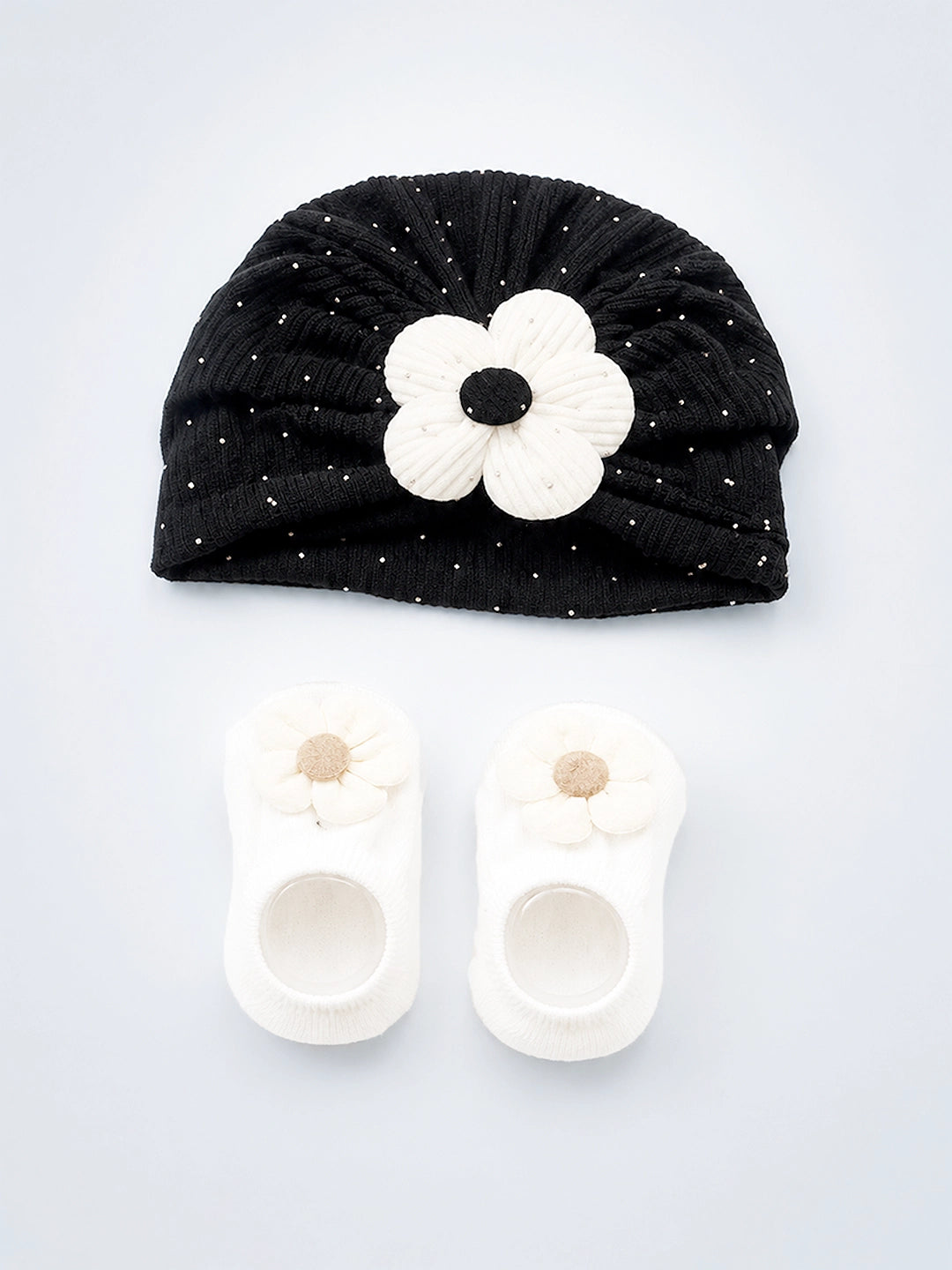 Black Floral Turban Cap & Booties Set | Soft Baby Girl Gift Set